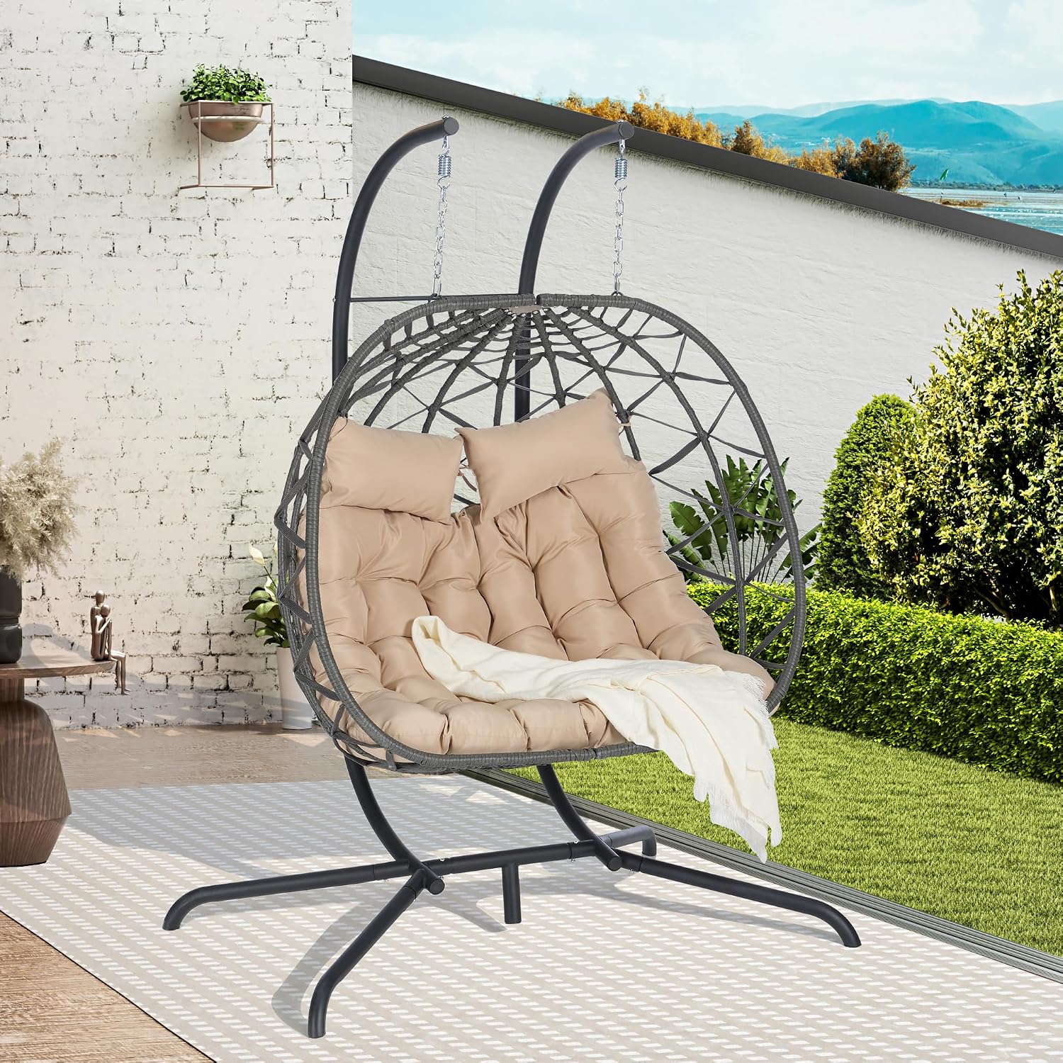 JOYBASE Double Swing Egg Chair with Stand, 2-Person Hanging Egg Chair Wicker Rattan Oversized Swinging Chair for Outdoor Indoor Garden Patio (Khaki Cushion and Grey Rattan)