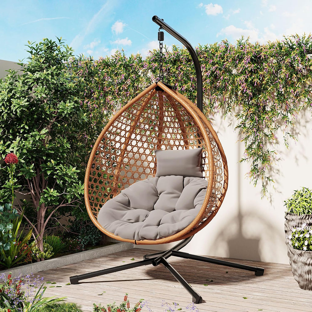 Durable Hanging Egg Chair with Rattan Weaving, Hammock Chair with Stand, Comfortable Indoor Outdoor Swing Chairs with Soft Removable Cushion,Suitable for Balcony, Bedroom,or Garden, Brown+Grey
