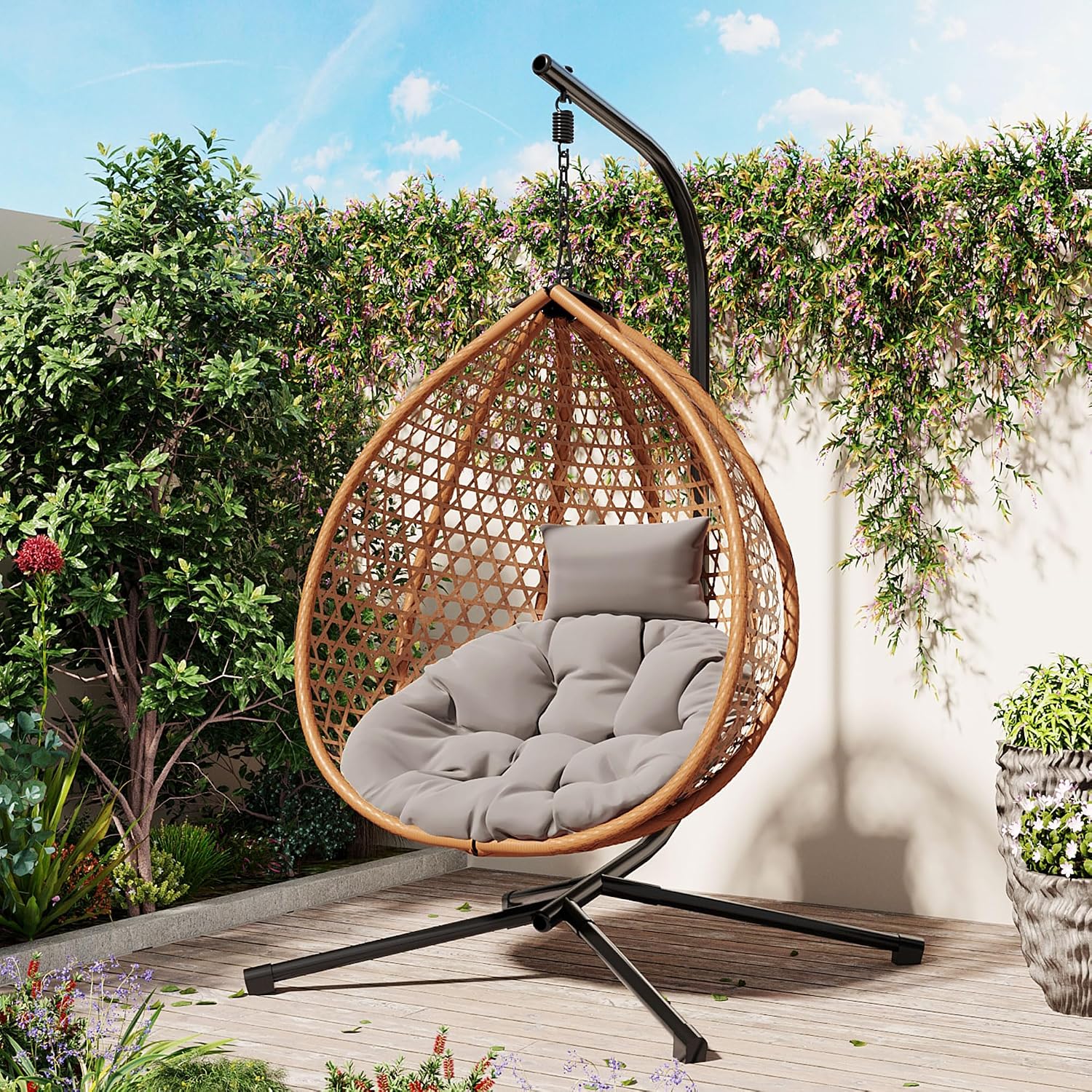 Egg Hanging Chair with Stand, Indoor Outdoor Hammock Egg Chair with Cushion for Patio Bedroom Balconyg Egg Chair (Brown+Yellow,Grey)