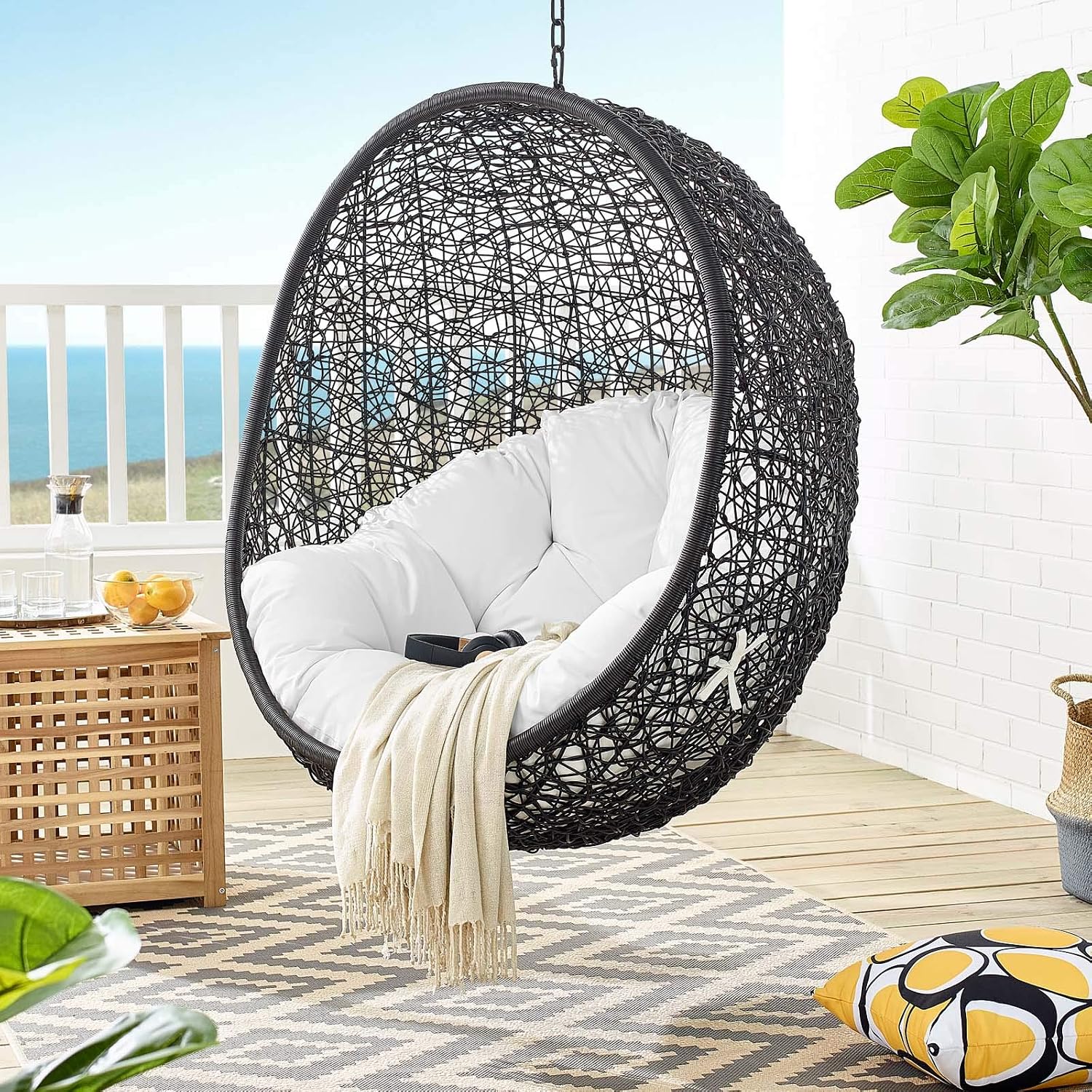 Modway Encase Wicker Rattan Outdoor Patio Porch Lounge Egg Swing Chair with Stand in White