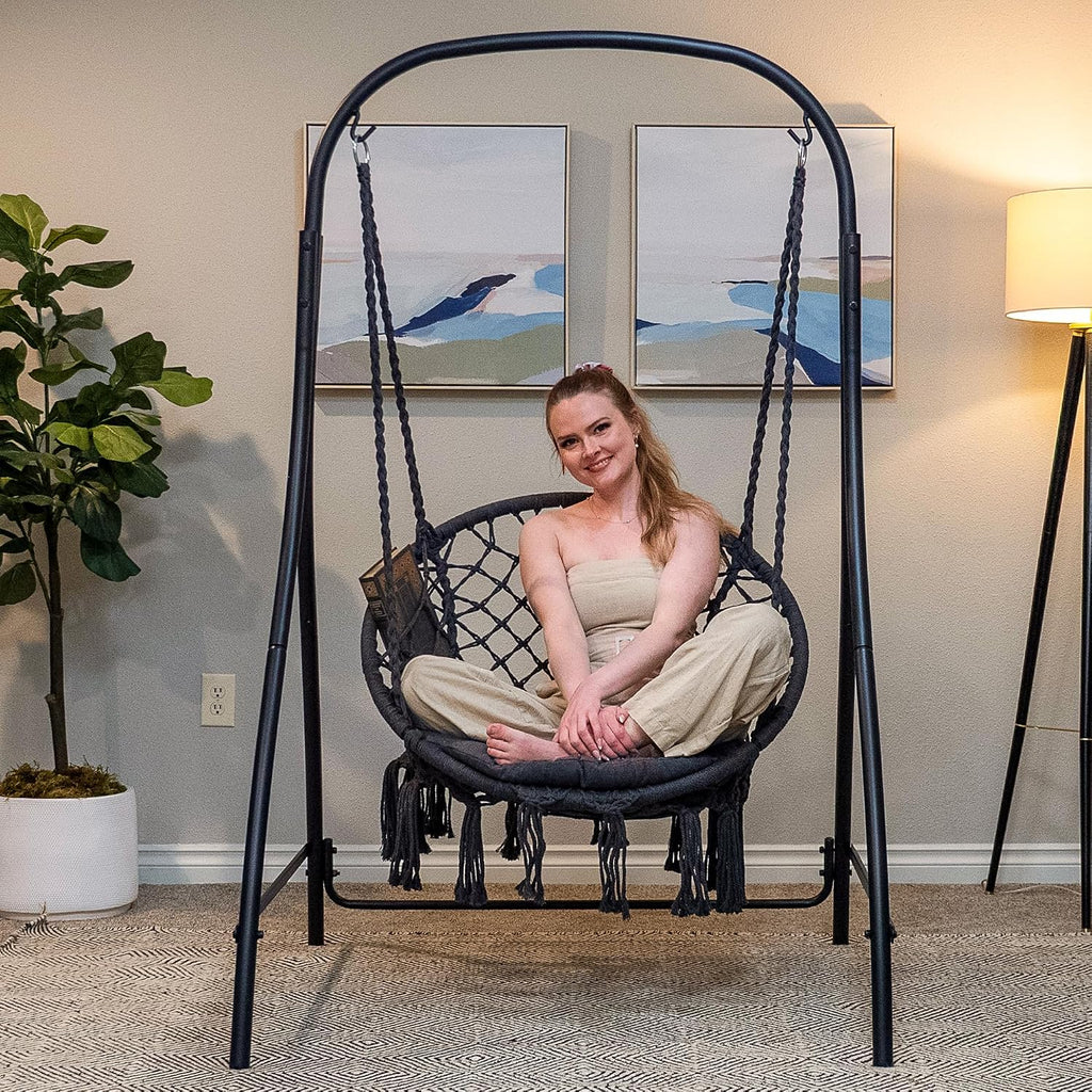 SUNCREAT Hammock Chair with Stand Included, Heavy Duty Hanging Chair with Stand, 400 lbs Capacity, Patent Pending, Gray