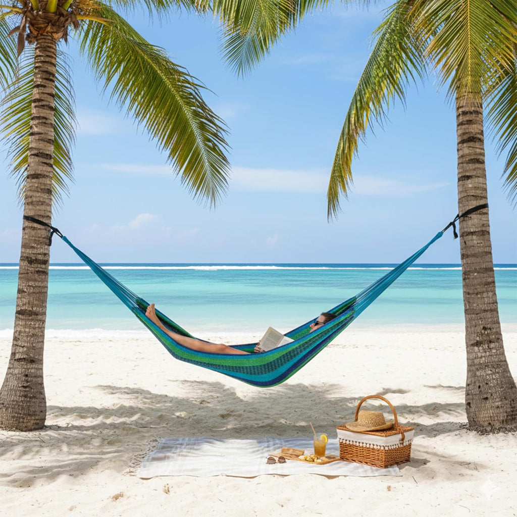 Sunnydaze Handwoven XXL Thick Cord Mayan Double Hammock for Outside - 625-Pound Capacity Heavy-Duty Outdoor Hammock - Tropical Lagoon