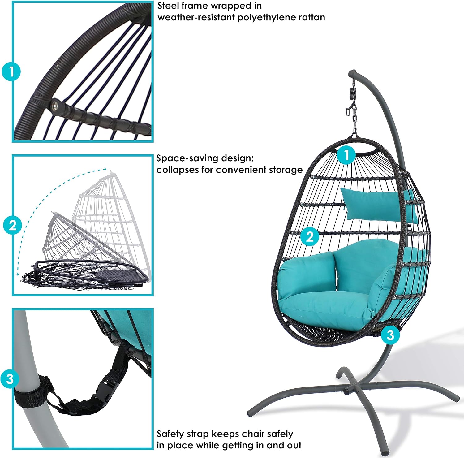 Sunnydaze Penelope Hanging Egg Chair with Turquoise Seat Cushions and Steel Stand - Black Wicker Chair - 78-Inch