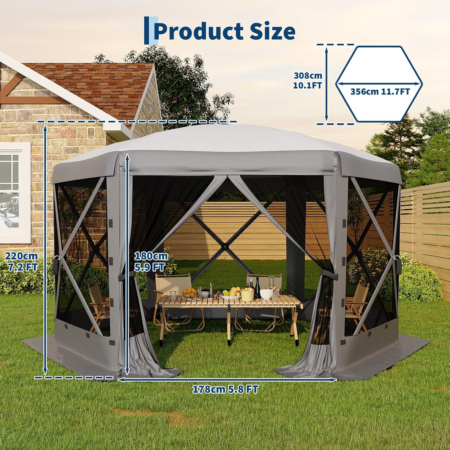GarveeLife 11.5x11.5FT 6-Sided Pop Up Gazebo Tent，One-Push Setup Canopy Tent with Mesh Panels & Removable Wind Cloths, Outdoor shelter for Camping, Backyard Parties, Outdoor Events - Grey