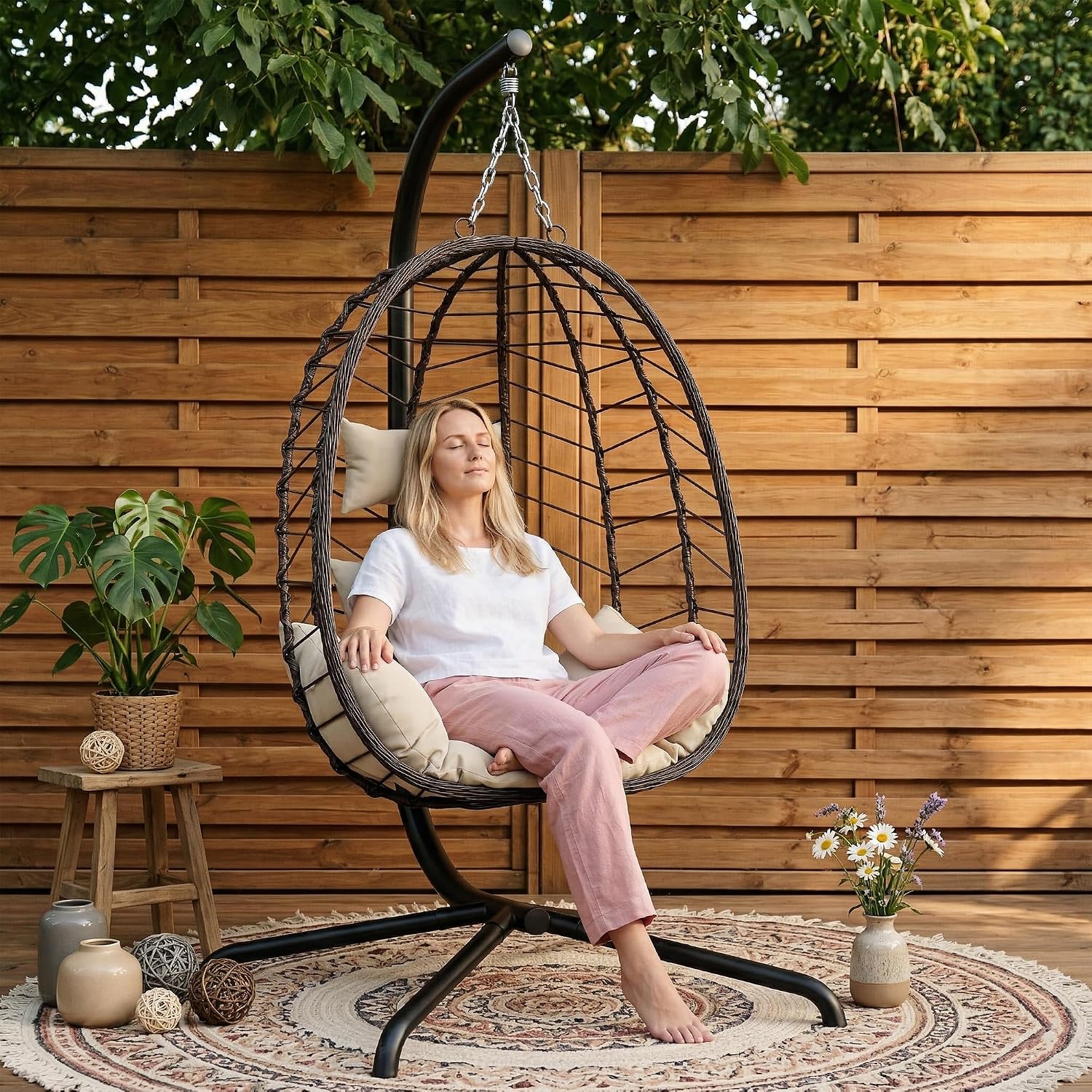 LEX CRAFT Hanging Egg Chair with Stand, Swinging Egg Chair Outdoor Indoor, Hanging Basket Chair with Cushion, Patio Wicker Hammock Chair 350lbs Capacity for Porch, Balcony, Backyard, Garden (Beige1)