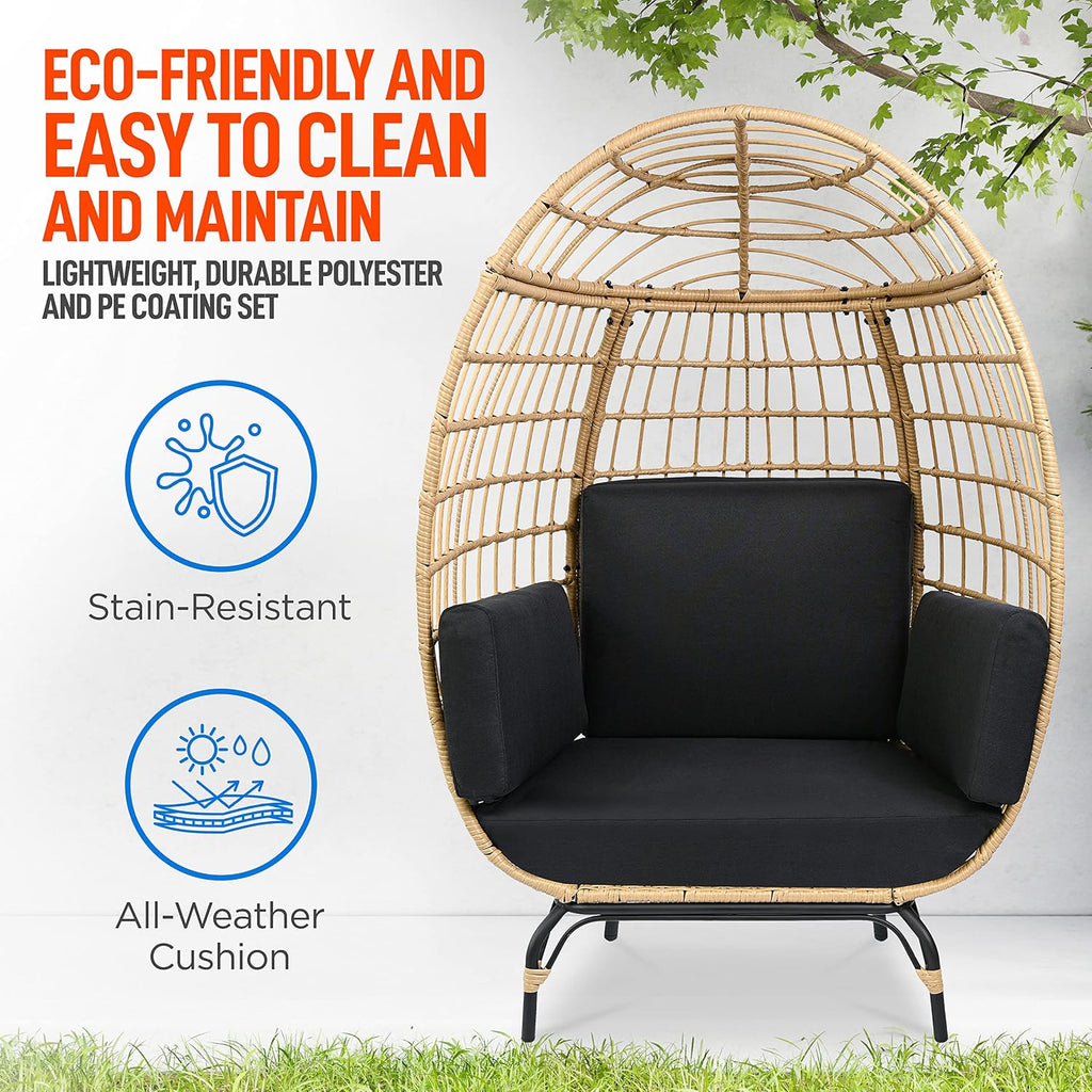 SereneLife Wicker Rattan Egg Chair with Cushions, Indoor Outdoor Egg Chair with Steel Frame and Washable Pillows, Woven Texture, Comfortable Design for Porch, Deck, Garden, or Room, Holds Up to 440lbs