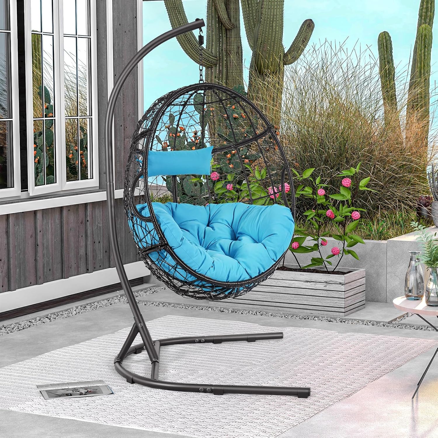 Tangkula Egg Chair with Stand, Hanging Egg Swing Chair with Removable Seat Cushion & Headrest, All-Weather Indoor Outdoor Hanging PE Wicker Egg Chairs for Outside, Balcony, Bedroom (Turquoise)