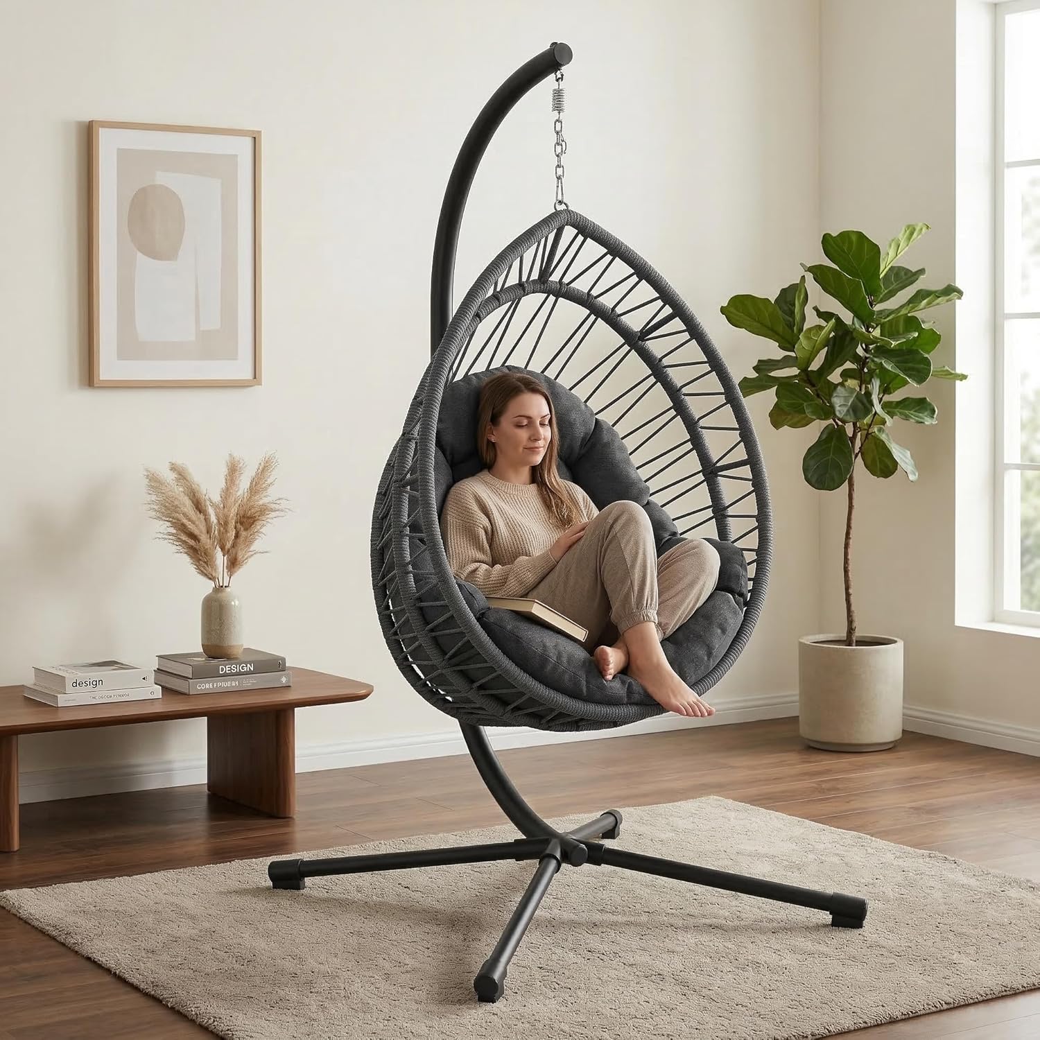 Hanging Egg Chair with Stand, Foldable Swing Hammock Chair, All-Weather Core-Spun Polyester Rope, Yarn-Dyed Cushion, 350LBS, Indoor Outdoor Patio Balcony (Dark Grey)