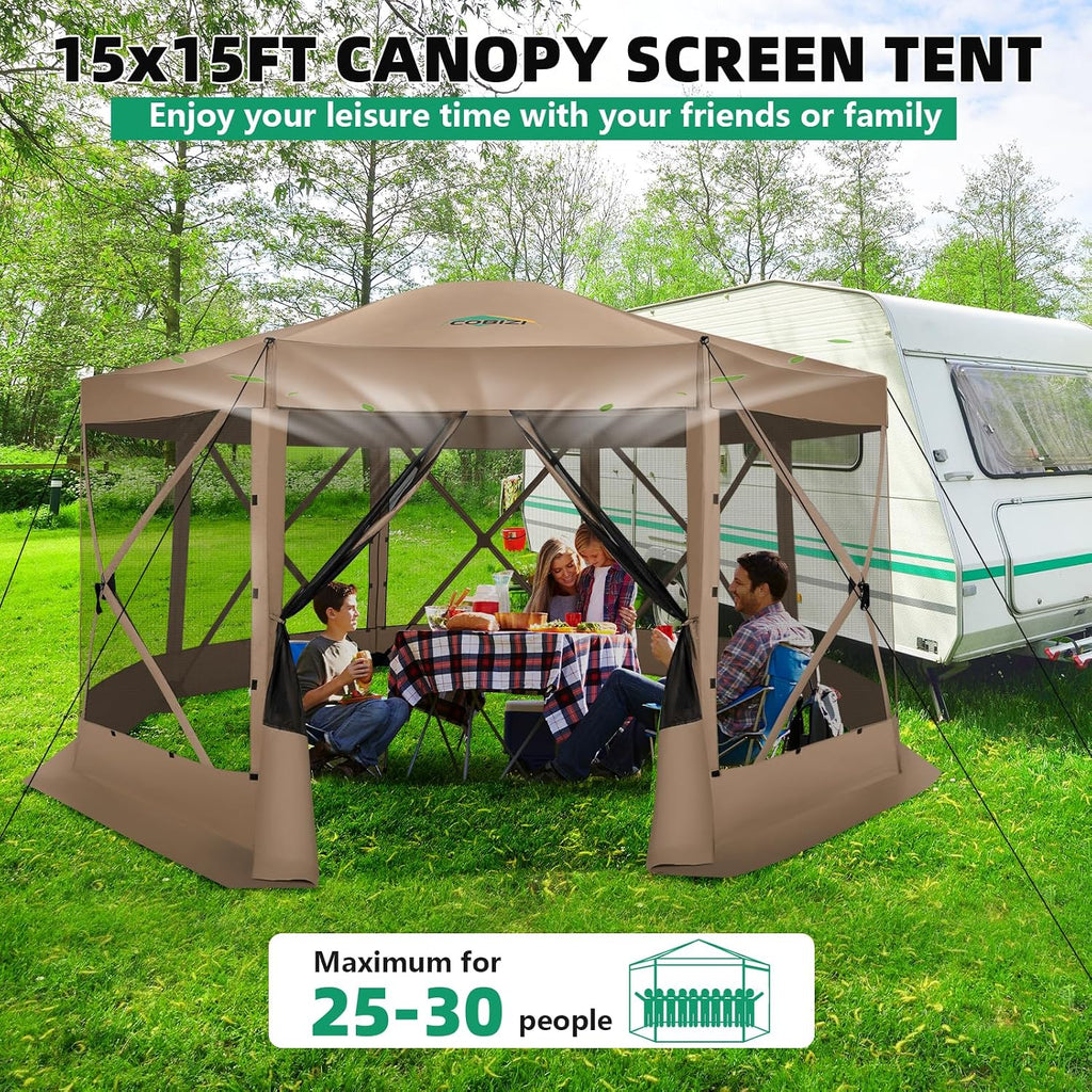 COBIZI Pop Up Gazebo Screen Tent Screen House for Camping, 15x15 Screen Room with Mosquito Netting, Hub Tent Instant Screened Canopy with Carrying Bag and Ground Stakes, Khaki