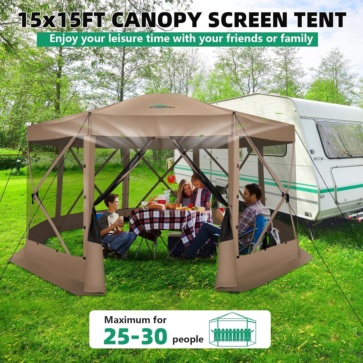 COBIZI Pop Up Gazebo Screen Tent Screen House for Camping, 15x15 Screen Room with Mosquito Netting, Hub Tent Instant Screened Canopy with Carrying Bag and Ground Stakes, Khaki