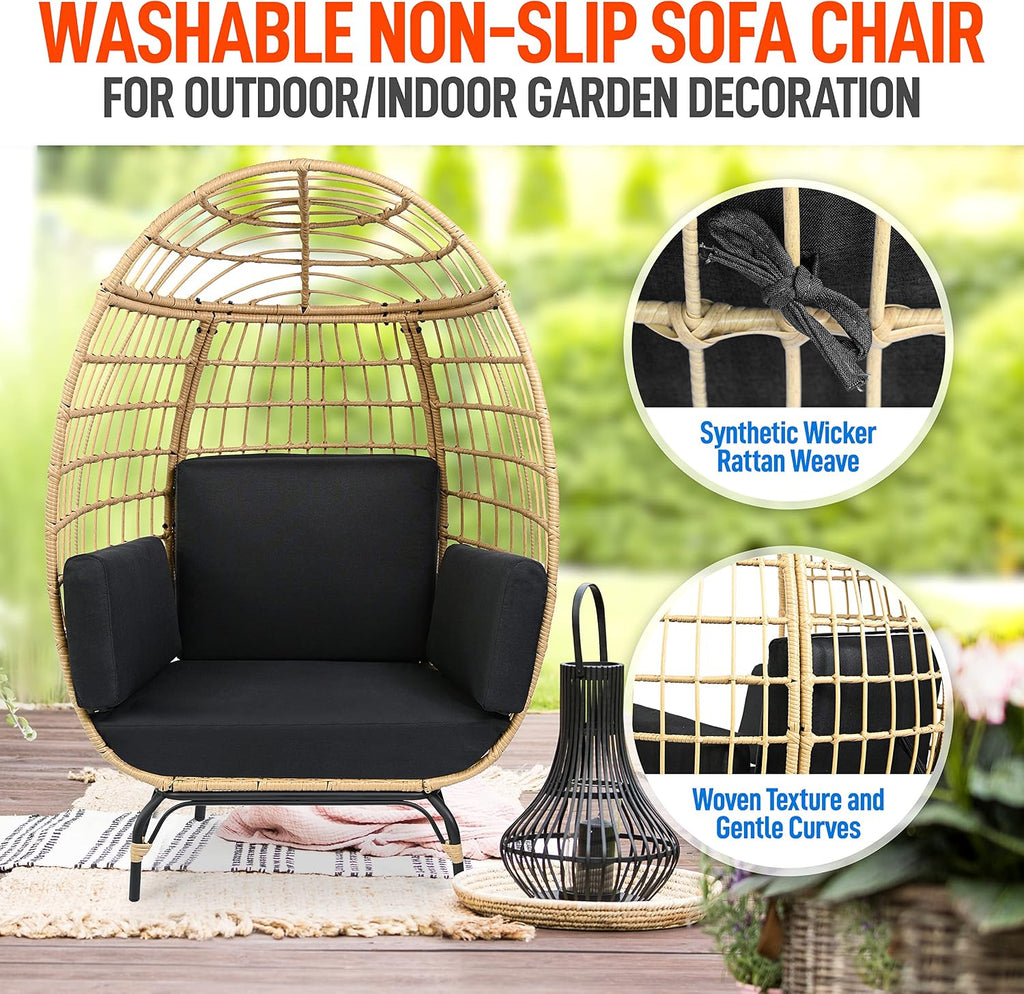 SereneLife Wicker Rattan Egg Chair with Cushions, Indoor Outdoor Egg Chair with Steel Frame and Washable Pillows, Woven Texture, Comfortable Design for Porch, Deck, Garden, or Room, Holds Up to 440lbs