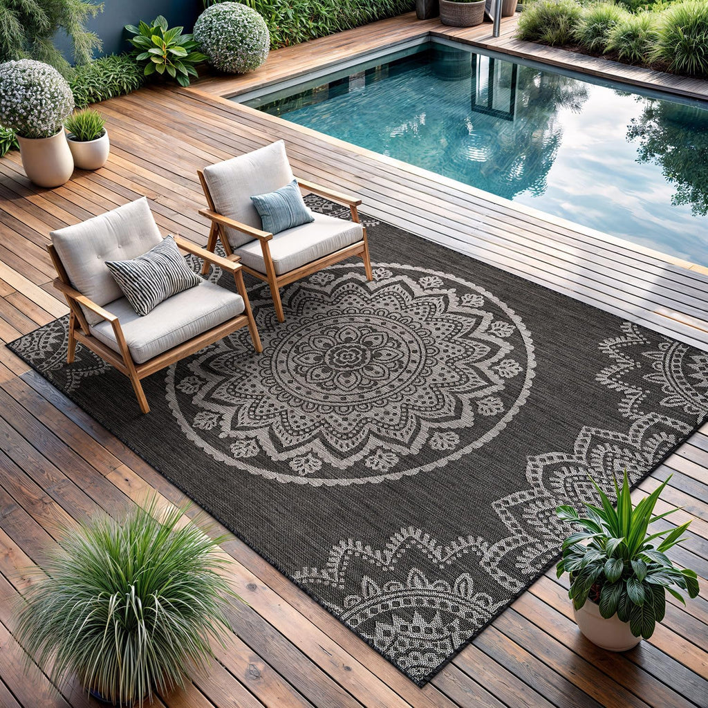 CAMILSON Outdoor Rug 9x12 Modern Area Rugs for Large Indoor and Outdoor Patios and Porches - Washable, Non-Shedding, Easy-to-Clean Outside Carpet (9 x 12, Medallion - Dark Grey/Light Grey)
