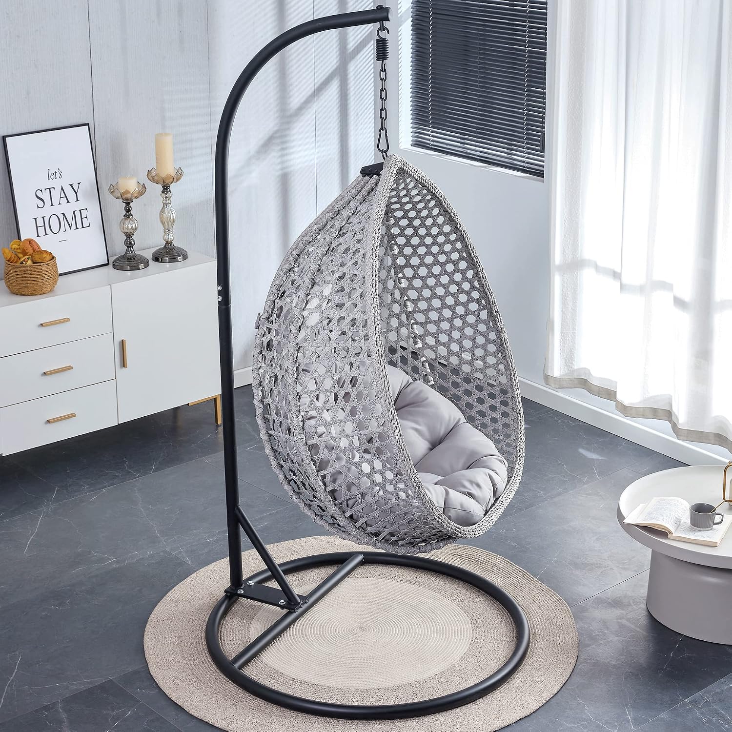 Hanging Egg Swing Chair with Stand, Rattan Wicker Hanging Egg Chair Hammock Indoor with Cushions, Swinging Chair for Bedroom Outdoor Patio Balcony Backyard Sunroom Heavy Duty 350LBS (Gray)