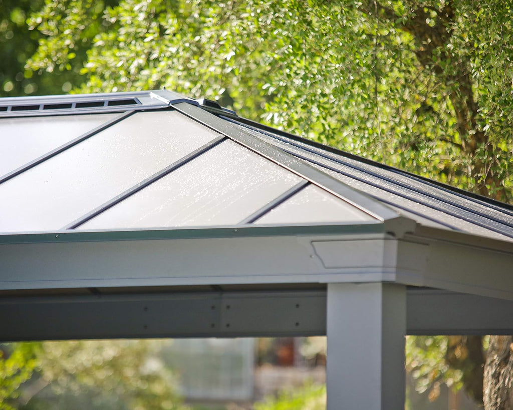Palram - Canopia Dallas 4300 14x12 Gazebo, Outdoor Patio Canopy with Gray Aluminum Metal Frame, Polycarbonate Roof Panels, UV Protection, Rain Gutters, Vents, Year-Round Use, Easy DIY Outdoor Canopy