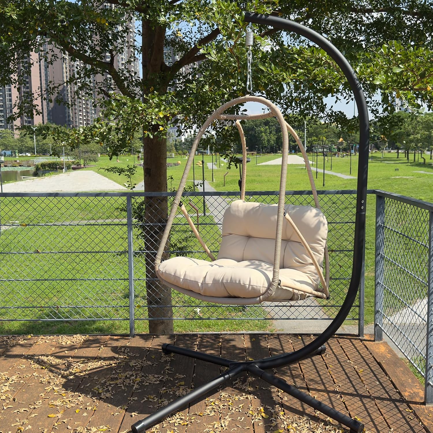 JESE Swing Egg Chair with Stand – UV Resistant Waterproof Cushion & Cup Holder Included, Indoor/Outdoor Hanging Hammock Chair for Patio, Bedroom, Balcony, Garden (Khaki)