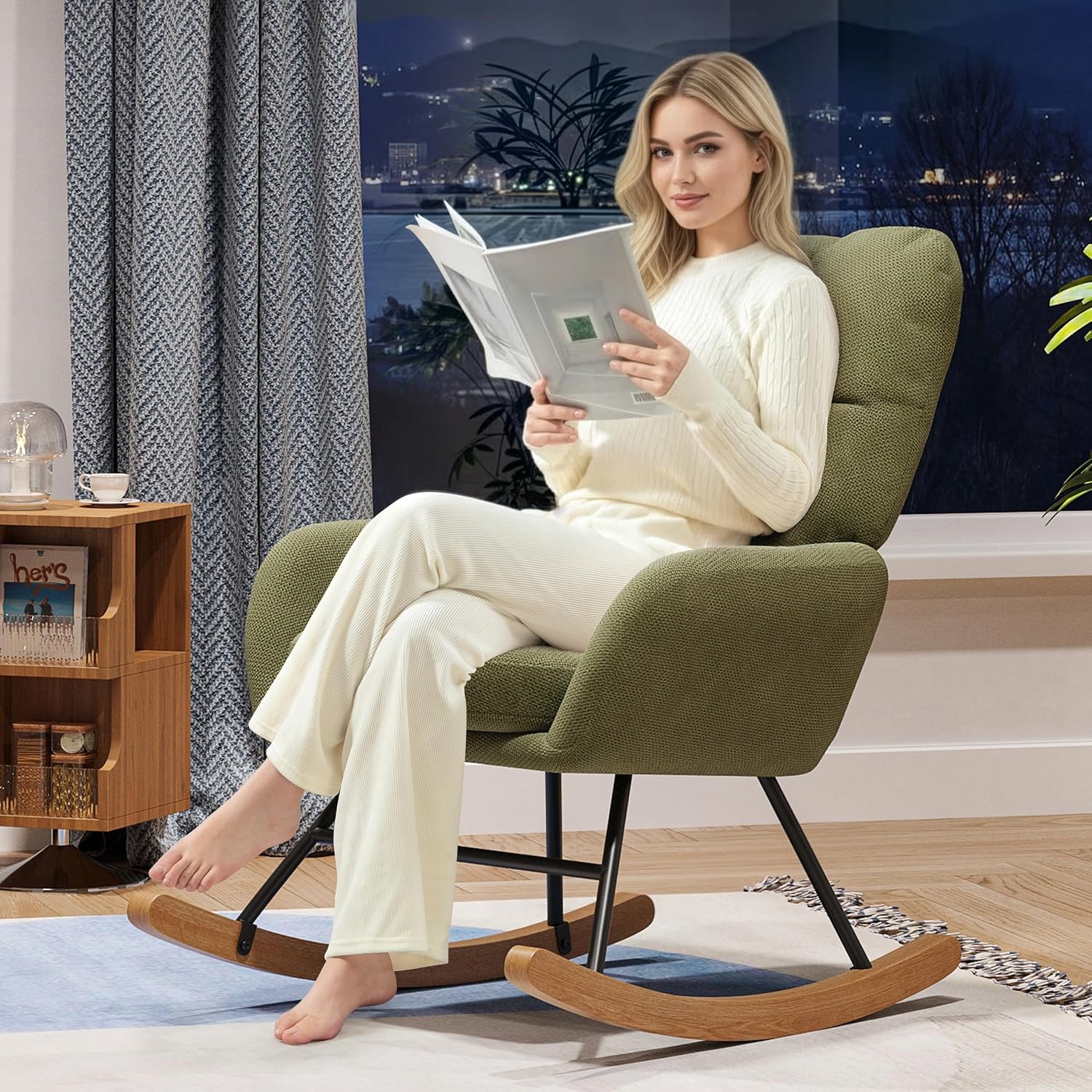 Baby Nursery Rocking Chair, Teddy Modern Nursing Chair for Small Spaces Indoor, Nursery Rocker for Breastfeeding, Accent Glider Chairs for Living Room, Bedroom, Green