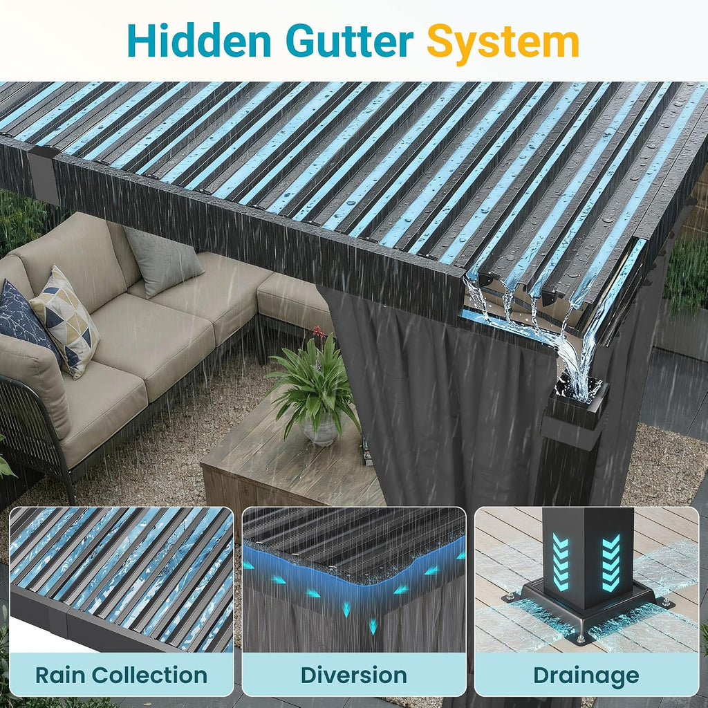12' x 16' Louvered Pergola, Outdoor Pergola with Curtains & Netting, Metal Patio Pergola with Adjustable Louvers Roof and Gutter System, Metal Hardtop Gazebo for Patio, Deck, Garden, Yard, Dark Gray