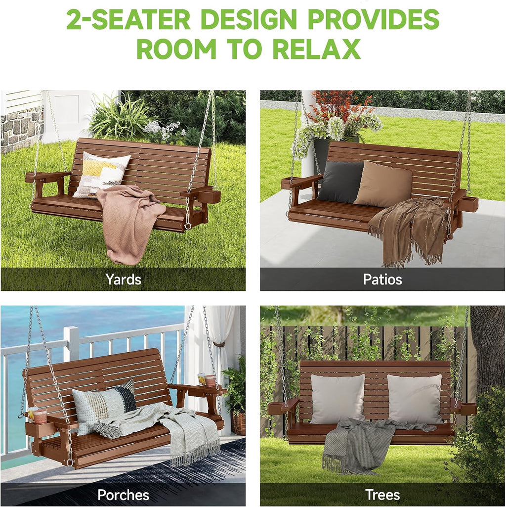 Real Relax 2-Seater Front Porch Swing, Wooden Outdoor Porch Swing Bench Chair with Cupholders, Upgraded 22' Deep Seat, Heavy Duty 880 Lbs Hanging Chains for Outdoor, Patio, Backyard 4 FT (Teak Tone)