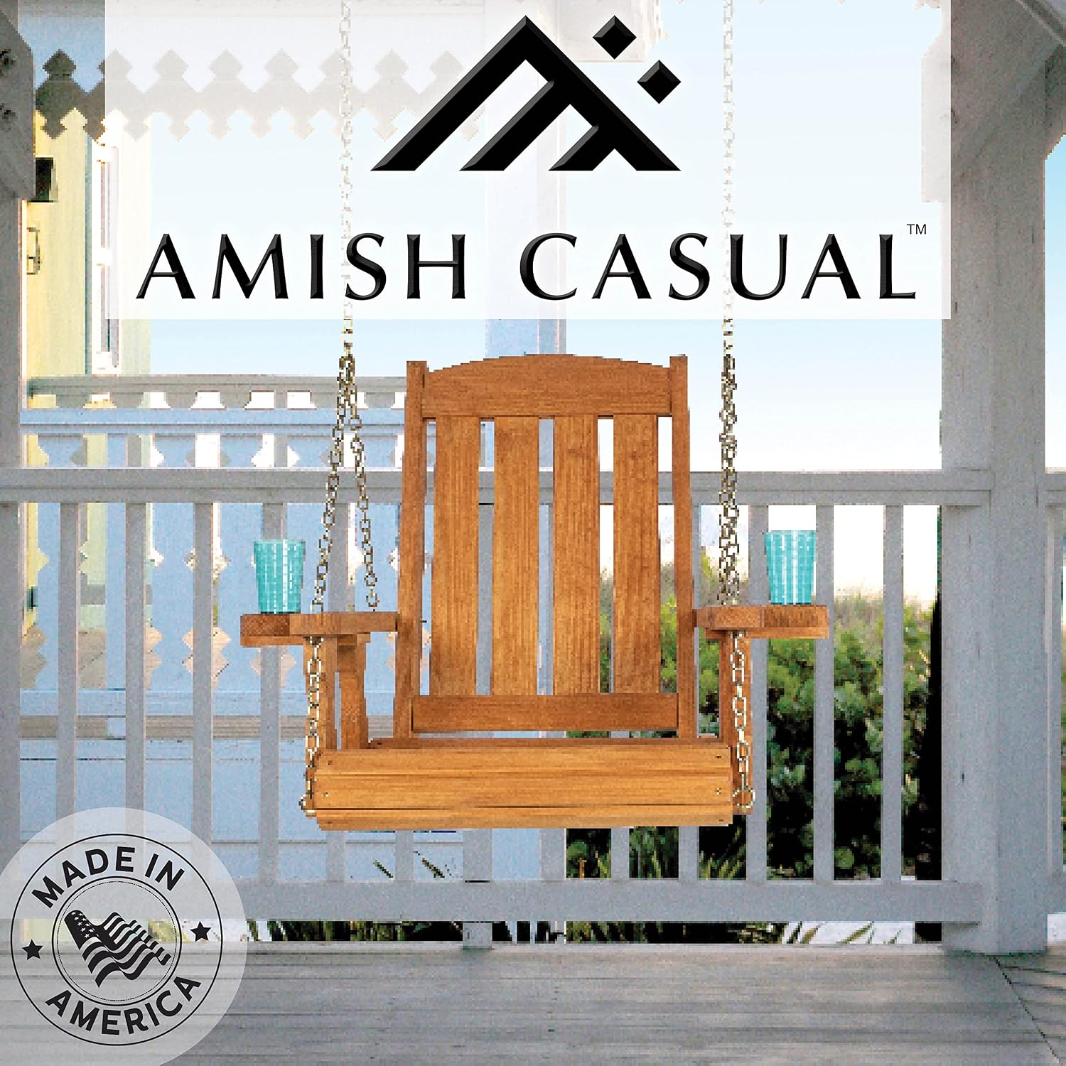 Amish Casual Heavy Duty Mission Pressure Treated Swing Chair with Cupholders (Cedar Stain)