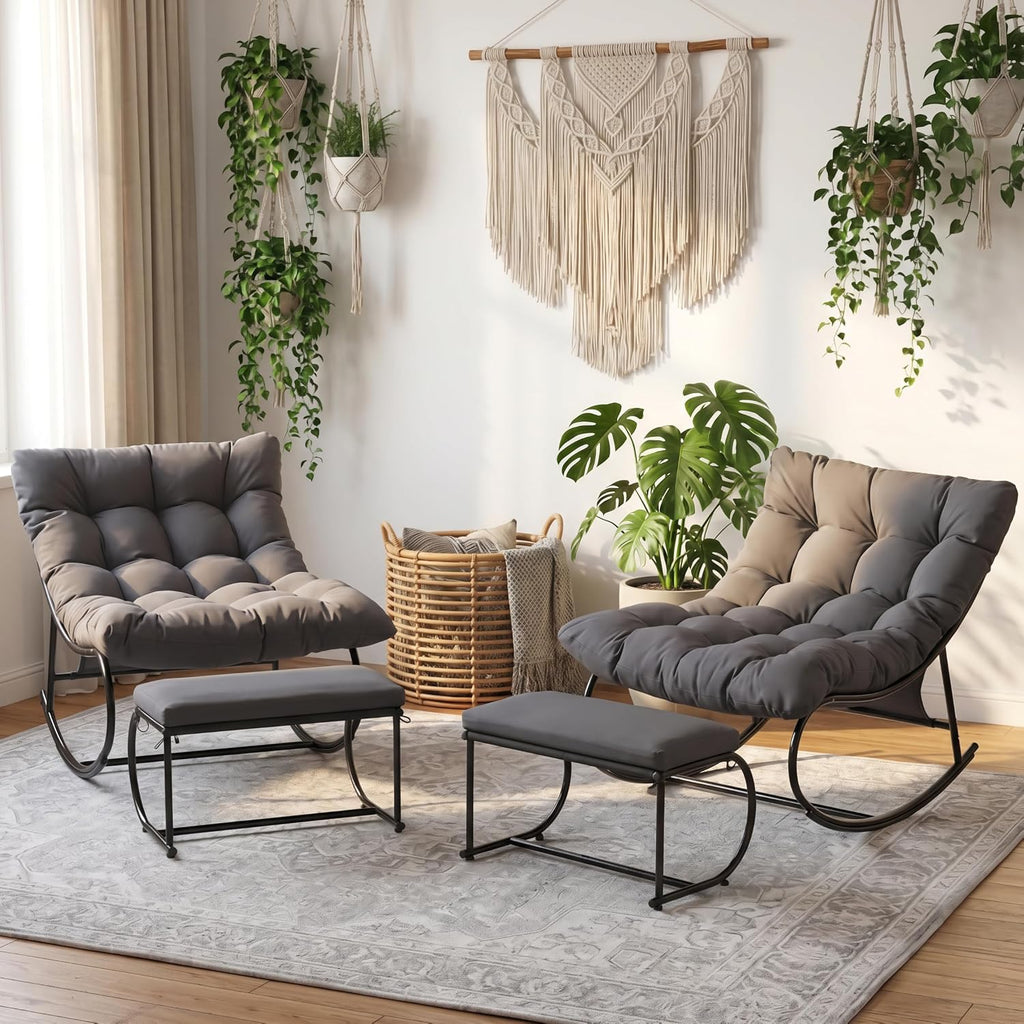 Oversized Double Papasan Rocking Chair Set of 2 with Ottoman, Egg Shaped Patio Lounge Chair with Thick Soft Cushion, Outdoor Relaxation Furniture for Porch, Backyard, Garden, Balcony, Grey