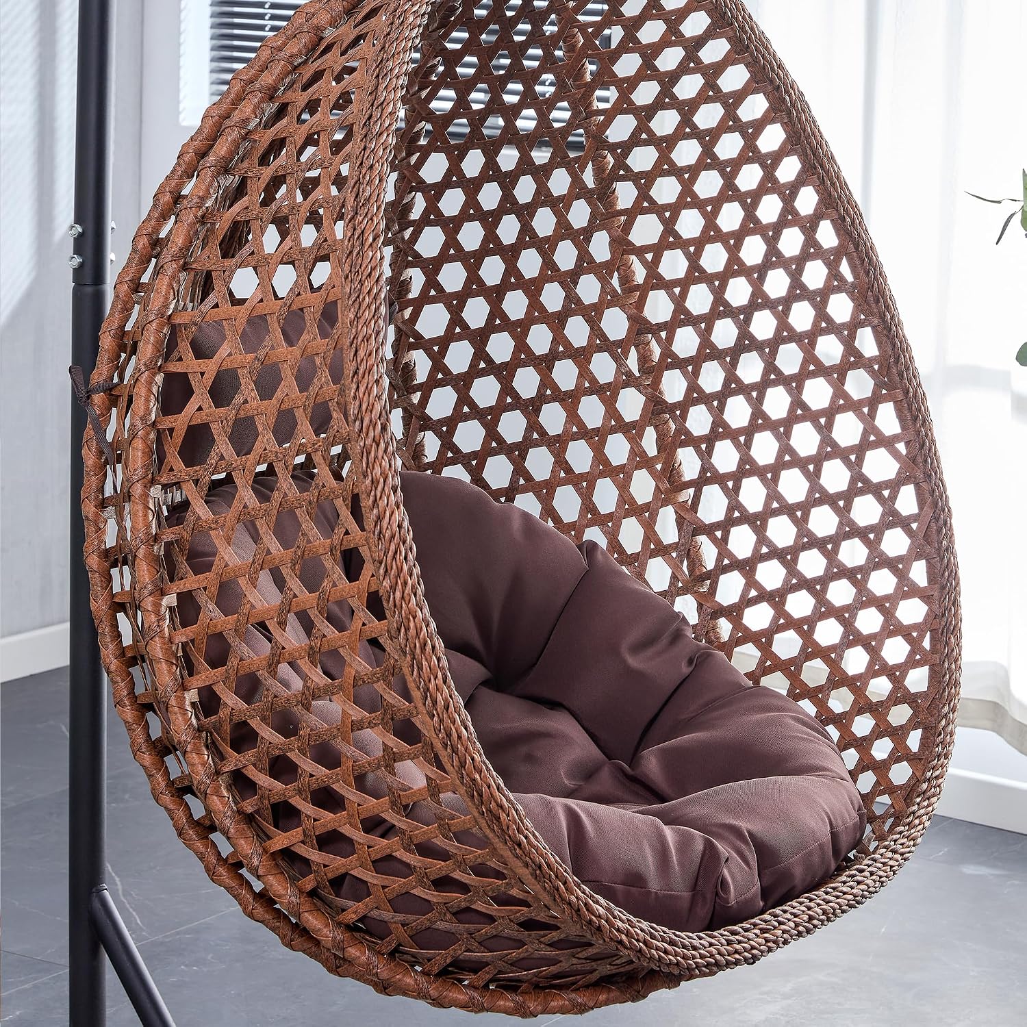 Egg Swing Chair Outdoor with Stand, Hanging Egg Rattan Basket Chair with Cushion and Pillow, Swinging Egg Chair, Foldable Basket and Metal Stand for Porch, Patio, Bedroom, Balcony,Yard (Brown)