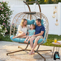 BULEXYARD Double Egg Chair with Stand Indoor Outdoor 2 Person Large Wicker Hanging Swing Chair Oversized Twins Patio Loveseat 2 Seat Beige Rattan Light Green Cushions with Cover
