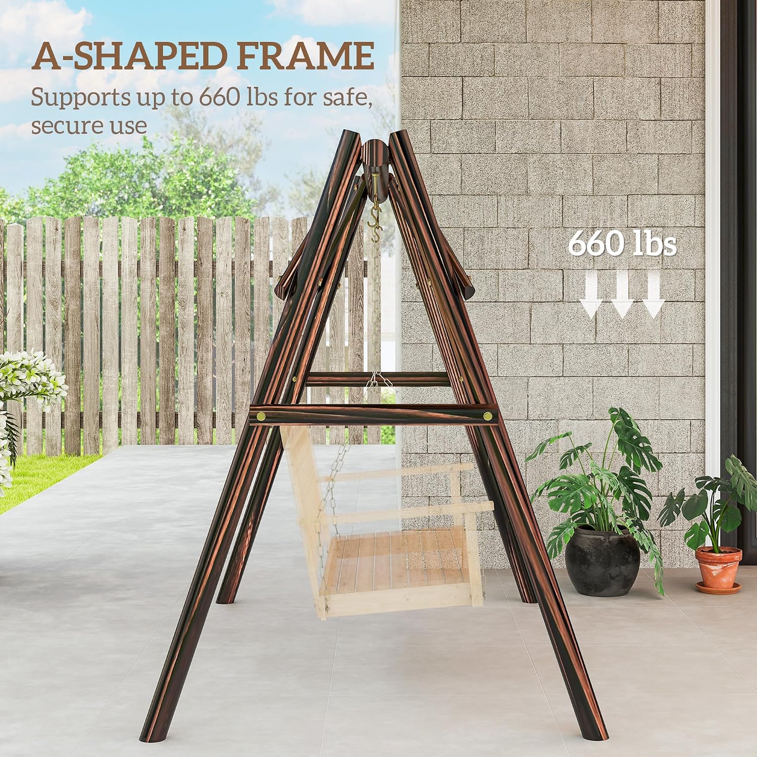 Outsunny 660 lbs Porch Swing Frame, Heavy Duty A-Frame Wooden Swing Stand for DIY Painting, Freestanding Hanging Chair Stand Only for Porch, Lawn, Garden, Backyard, Carbonized