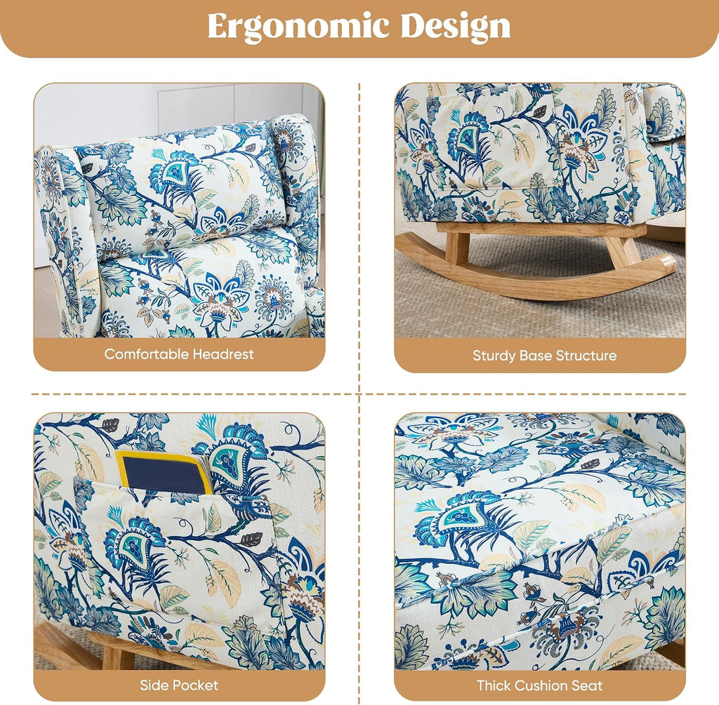 HCHAIRH Nursery Rocking Chairs, Rocking Chair Nursery for Mom Nursery Rocker with High Backrest and Solid Wood Legs, Modern Wingback Accent Chairs Set of 2 for Reading Living Room Bedroom, Blue Floral