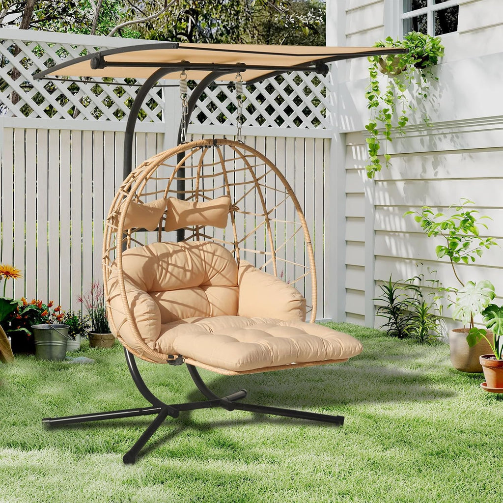 Double Egg Chair with Foldable Stand/Adjustable Canopy 2 Person Outdoor Hammock Swing Chair UV Resistant Removable Cushions for Outdoor Patio Balcony Garden (Beige)