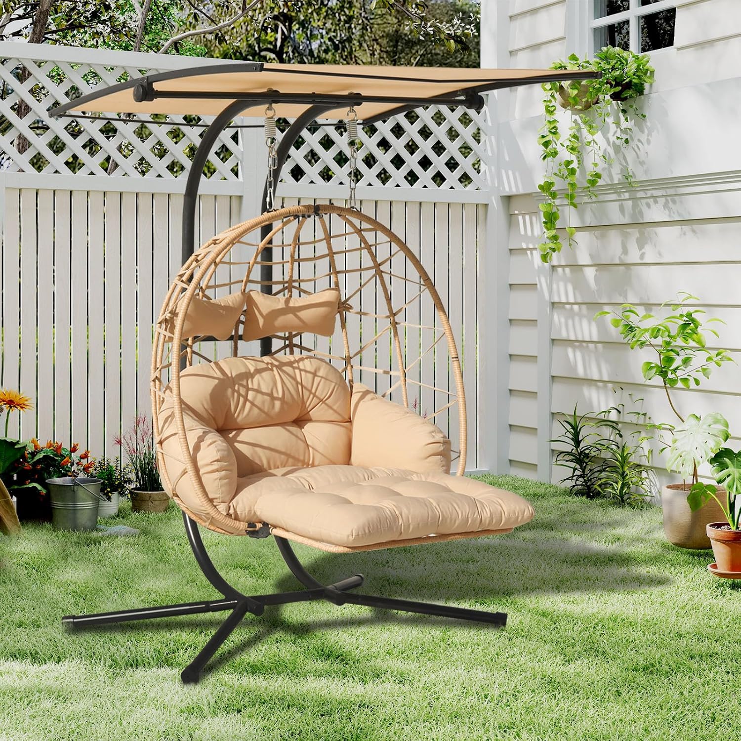 Double Egg Chair with Foldable Stand/Adjustable Canopy 2 Person Outdoor Hammock Swing Chair UV Resistant Removable Cushions for Outdoor Patio Balcony Garden (Beige)