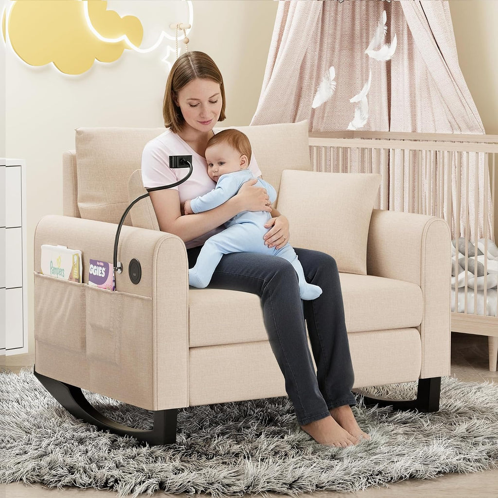HOMREST Upholstered Oversize Rocking Chair with Adjustable Phone Handle, Nursery Rocking Chair with High Back and Side Pocket USB Port, Double Wide Rocker for Living Room, Bedroom, Nursery, Beige
