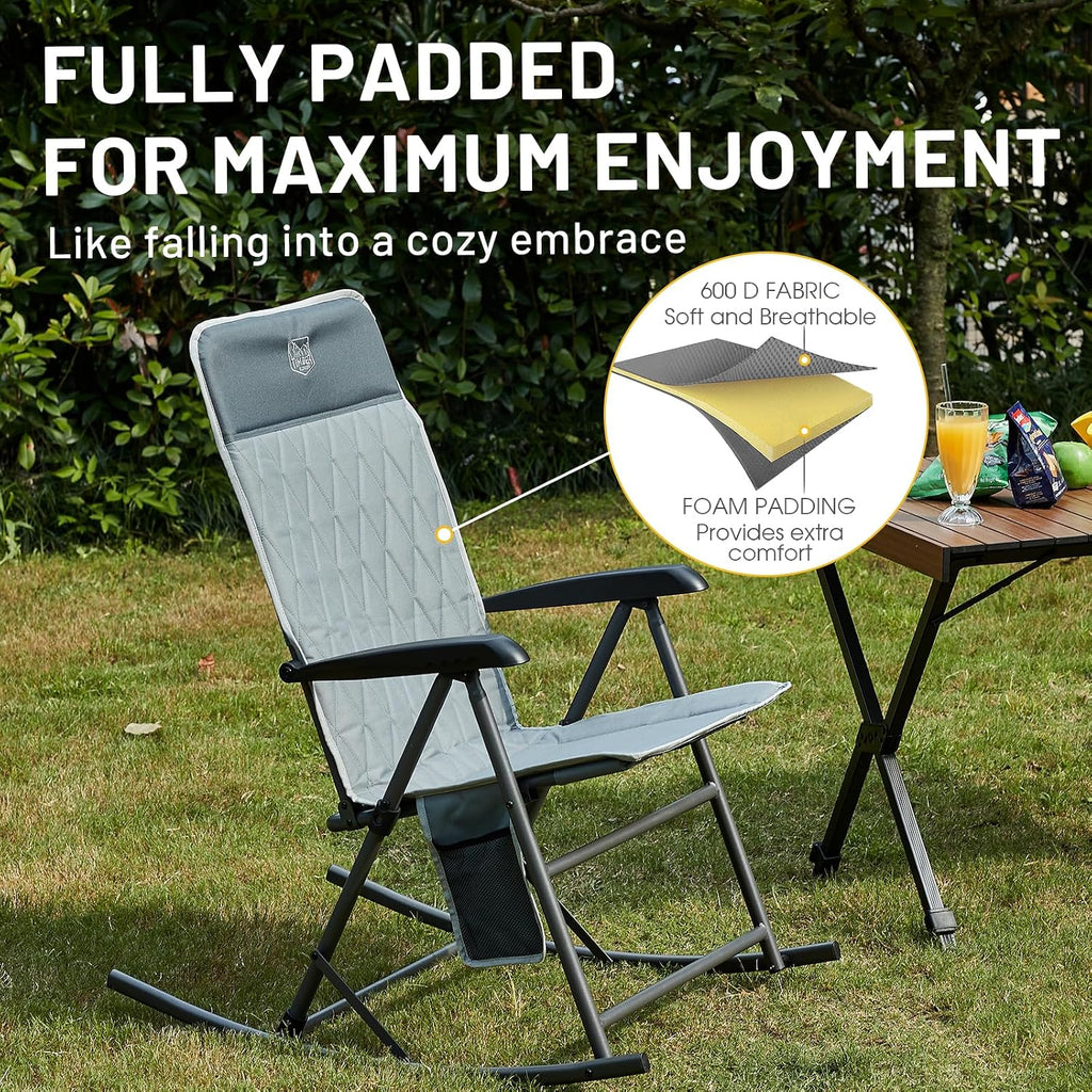 Timber Ridge 3-Level Adjustable Rocking Camping Chair, Ergonomic Padded High Back, Supports 300 LBS, Stable Anti-Tip Rocker, Hard Armrests for Easy Standing, Portable for Patio, Lawn & Tailgating