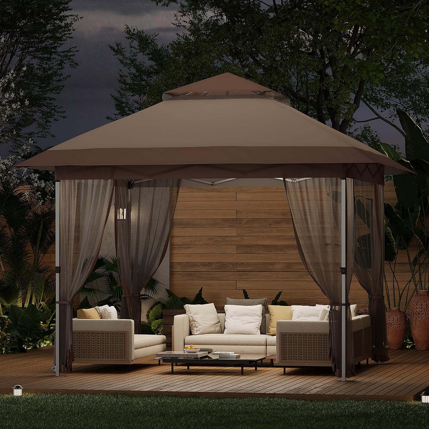 12x12 ft Instant Pop Up Gazebos,Modern Waterproof Canopy Tent with Mosquito Netting,Outdoor Canopy Shelter with Wheeled Carry Bag for Patio/Garden/Backyard/Party/Camping-All-Weather&Seasons(Khaki)
