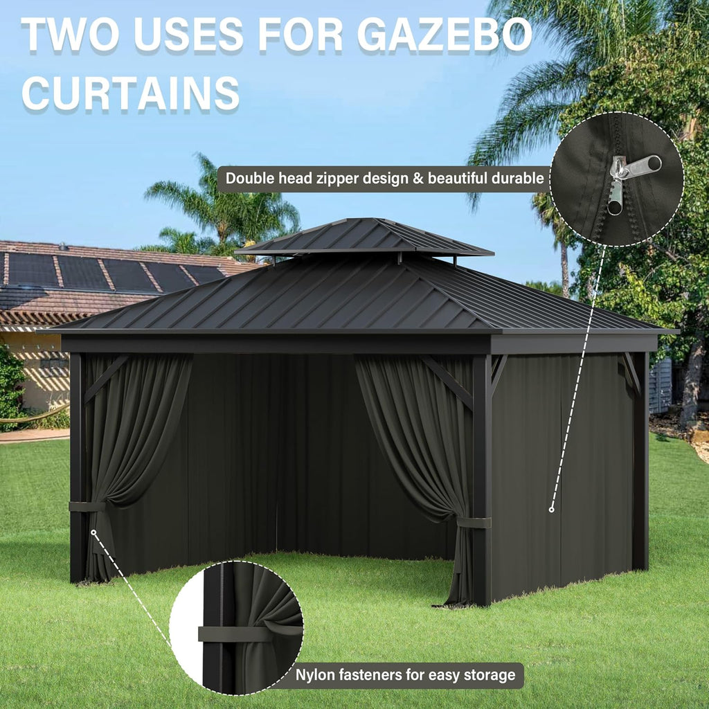 Outdoor Gazebo Curtain Replacement Universal 4-Panel Sidewalls 10' X 12',Outdoor Patio Waterproof Privacy Curtain with Double Zipper for Patio,Garden, and Backyard (Curtain Only)