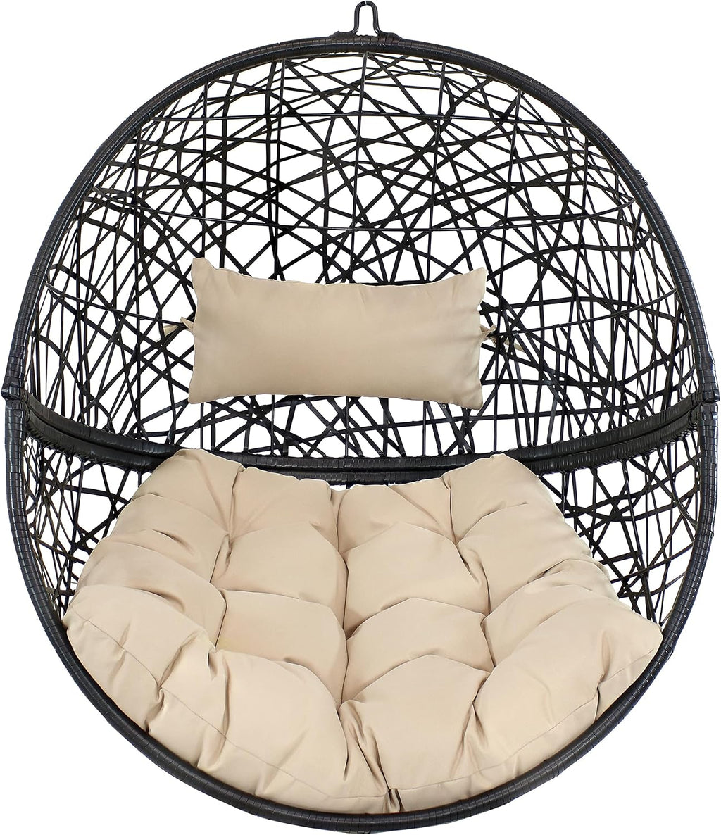 Sunnydaze Jackson Resin Wicker Hanging Egg Chair with Steel Stand - 265-Pound Weight Capacity - Includes Beige Cushions
