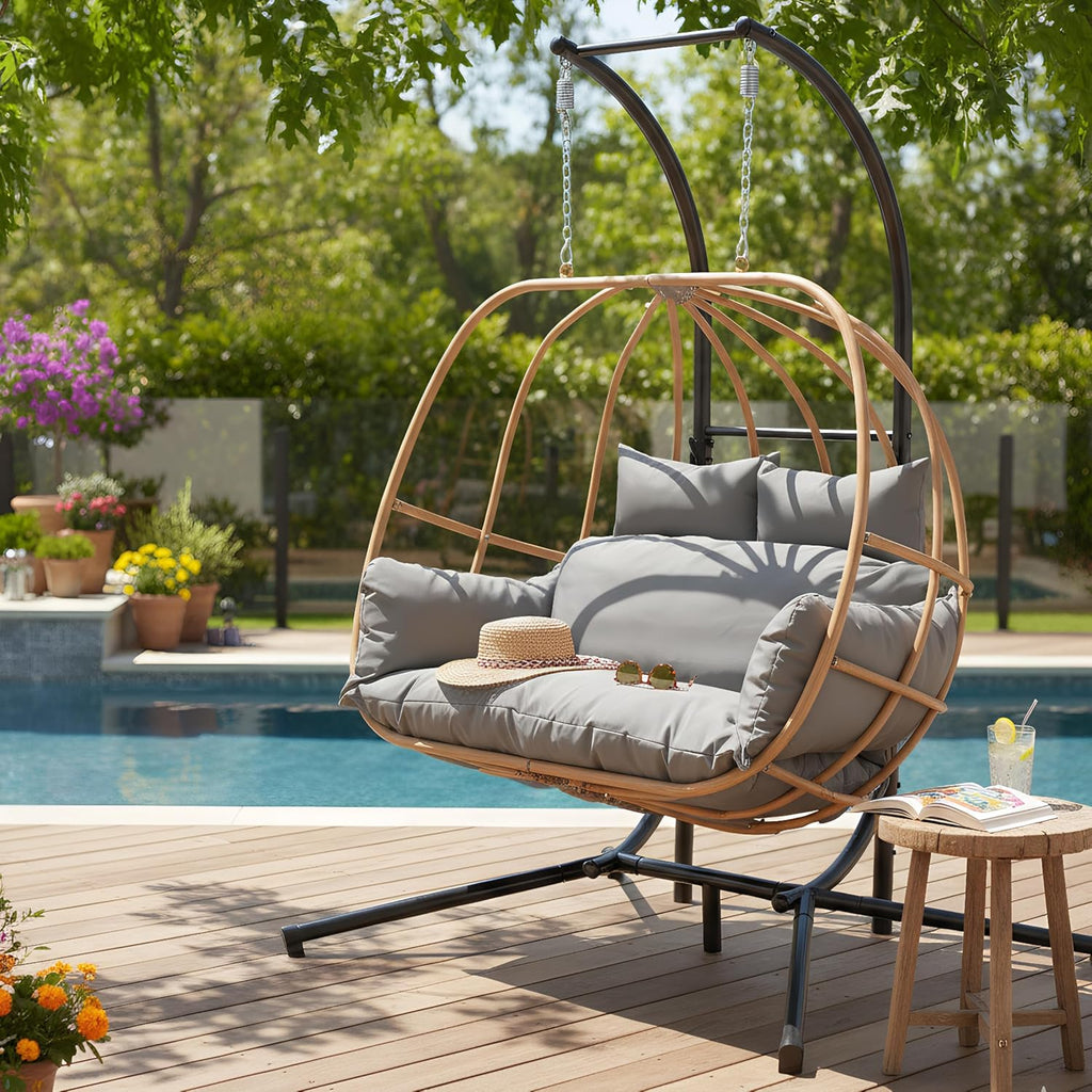 Double Egg Chair with Stand, Oversized Egg Chair Outdoor, 2-Person Hanging Eggs Chairs, 600Lbs Sturdy Loveseat Swinging Chair for Balcony, Patio, Deck, Grey