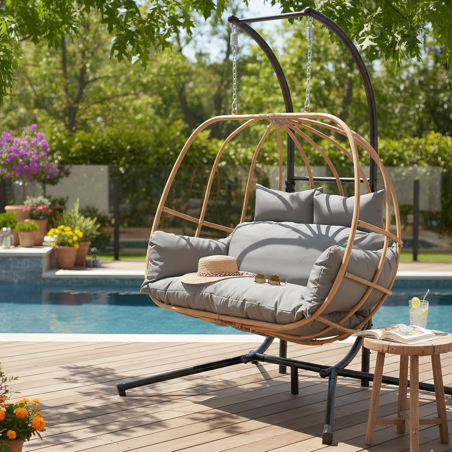 Double Egg Chair with Stand, Oversized Egg Chair Outdoor, 2-Person Hanging Eggs Chairs, 600Lbs Sturdy Loveseat Swinging Chair for Balcony, Patio, Deck, Grey