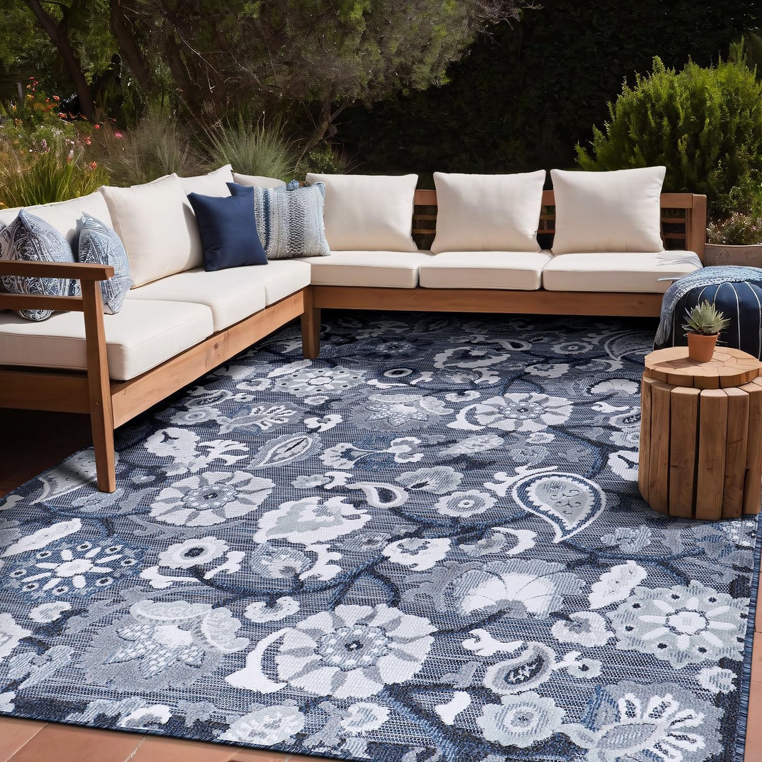 Luul Home Floral Indoor Outdoor Rugs 9x12 Large Area Rug for Living Room, Patio Decor, Kitchen, and Entryway Rug, Washable Stain Resistant Outside Carpet Navy 9 x 12
