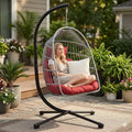 Foldable Hanging Egg Chair with Stand, HDPE Rattan and Heavy Duty Aluminum-Steel Frame, Outdoor Patio Wicker Swing Egg Chair with Headrest and Cushion, 350 Lbs Capacity, Red