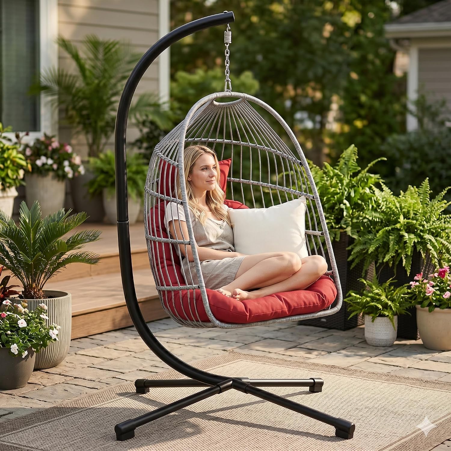 Foldable Hanging Egg Chair with Stand, HDPE Rattan and Heavy Duty Aluminum-Steel Frame, Outdoor Patio Wicker Swing Egg Chair with Headrest and Cushion, 350 Lbs Capacity, Red