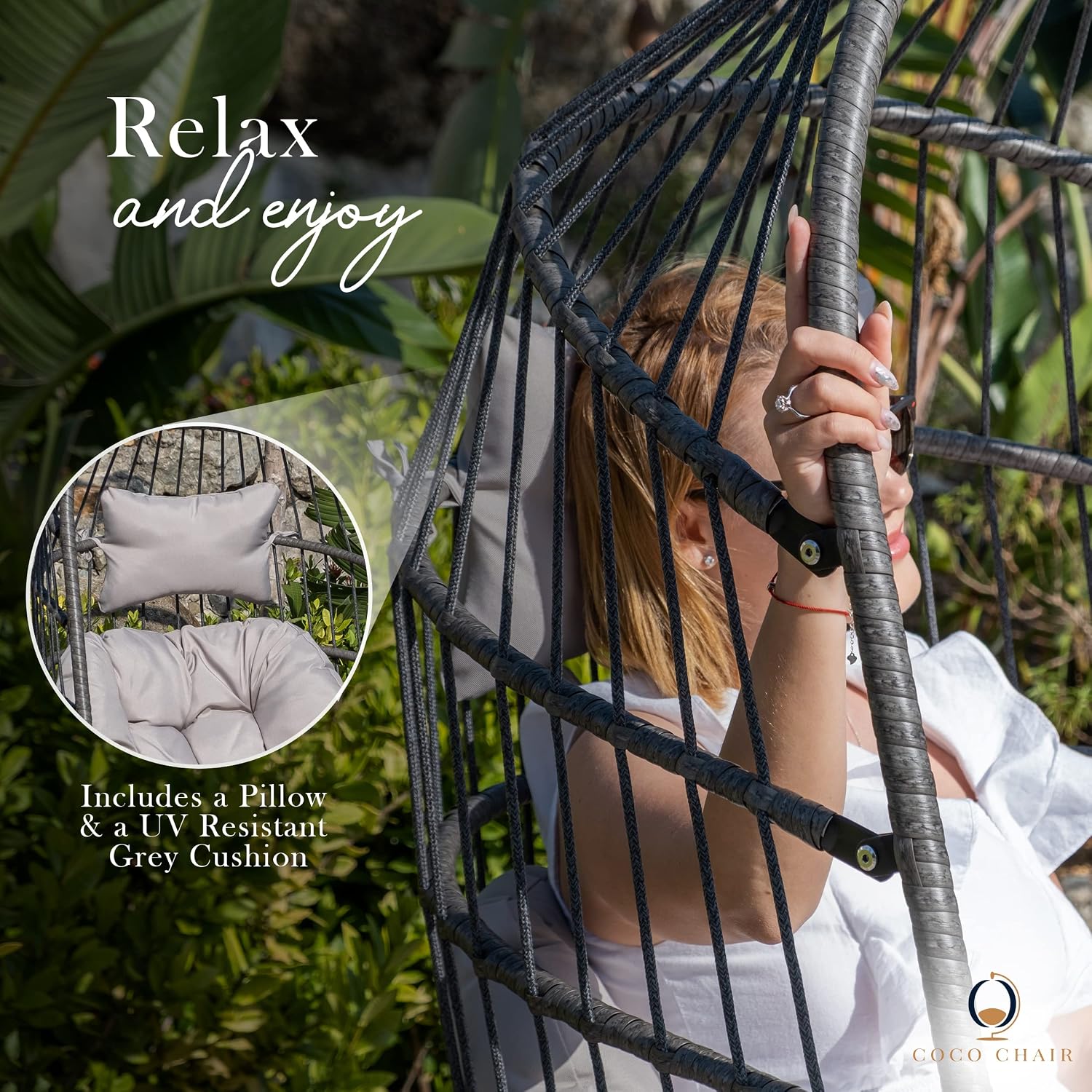 Hanging Egg Chair with Stand & Leg Rest | Modern, Boho-Chic Outdoor & Indoor Swing Chair | Grey