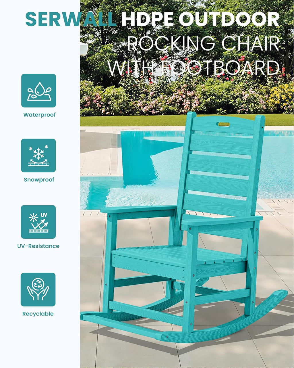 SERWALL Outdoor Rocking Chair, Oversized Rocking Chair with Footrest for Adults, HDPE All Weather Resistant Rocking Chairs for Patio, 350lbs Weight Capacity, Aruba