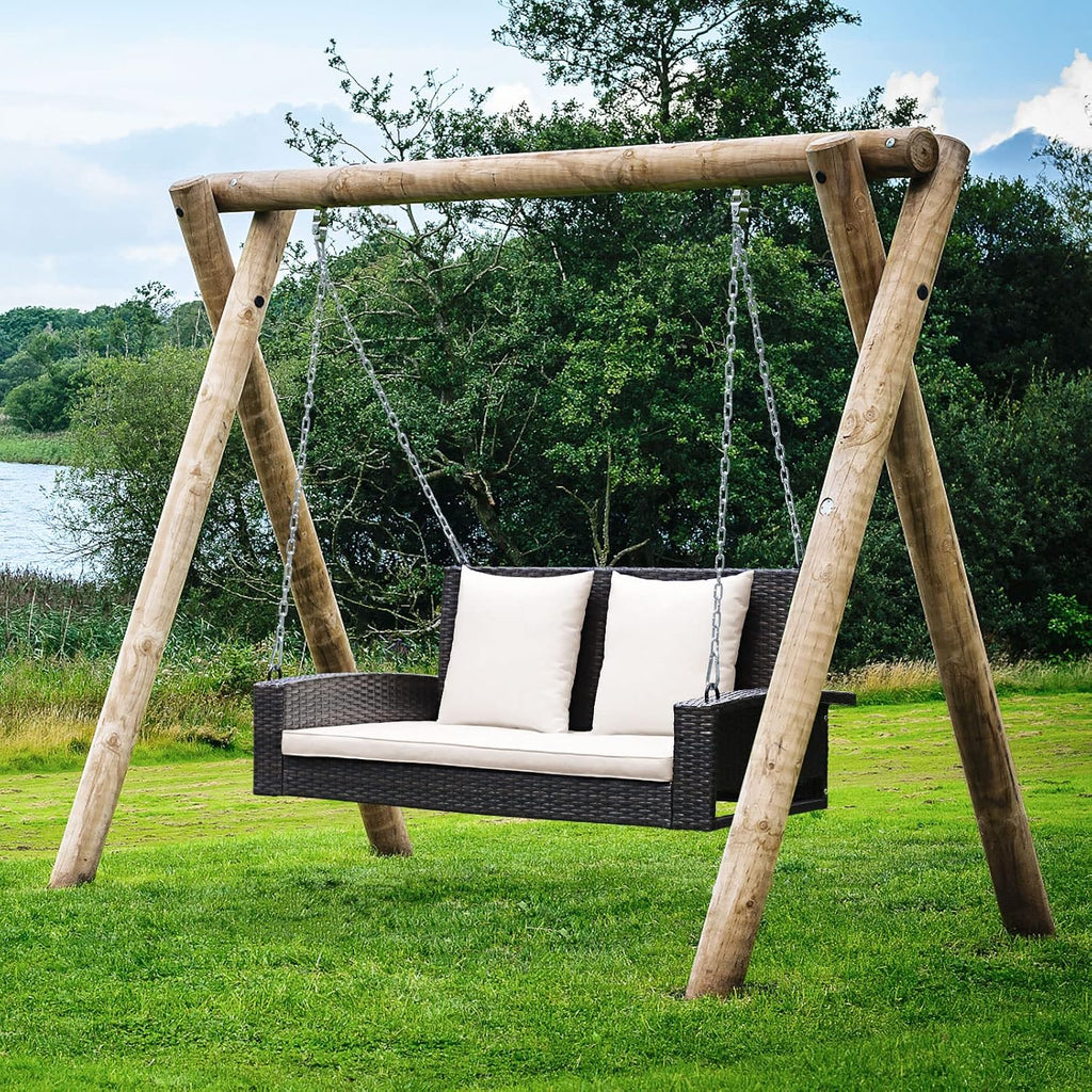 Tangkula 2-Person Wicker Porch Swing, Patiojoy Outdoor Rattan Hanging Swing Bench W/ 2 Back Cushions & 1 Seat Cushion, Sturdy Steel Chain, 800lbs Weight Capacity