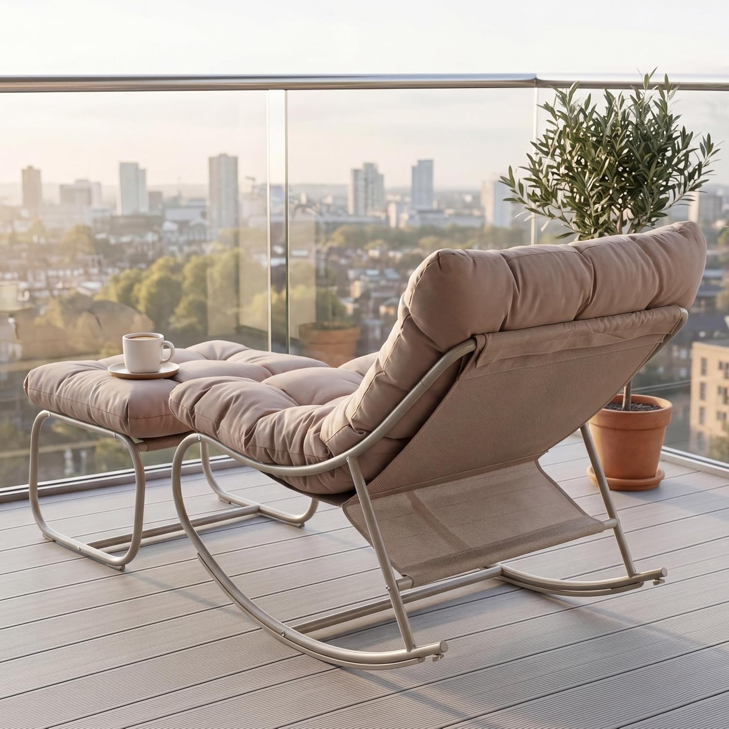 Oversized Double Papasan Rocking Chair Set of 2 with Ottoman, Egg Shaped Patio Lounge Chair with Thick Soft Cushion, Outdoor Relaxation Furniture for Porch, Backyard, Garden, Khaki