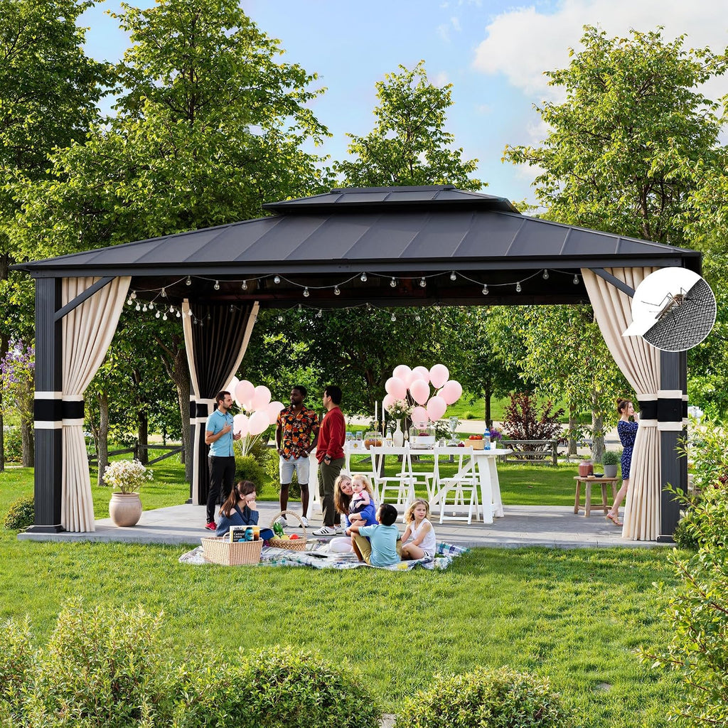 Amopatio 12' X 20' Permanent Hardtop Gazebo Aluminum Gazebo with Double Galvanized Steel Roof, Curtains and Netting Included,Outdoor Permanent Metal Pergola