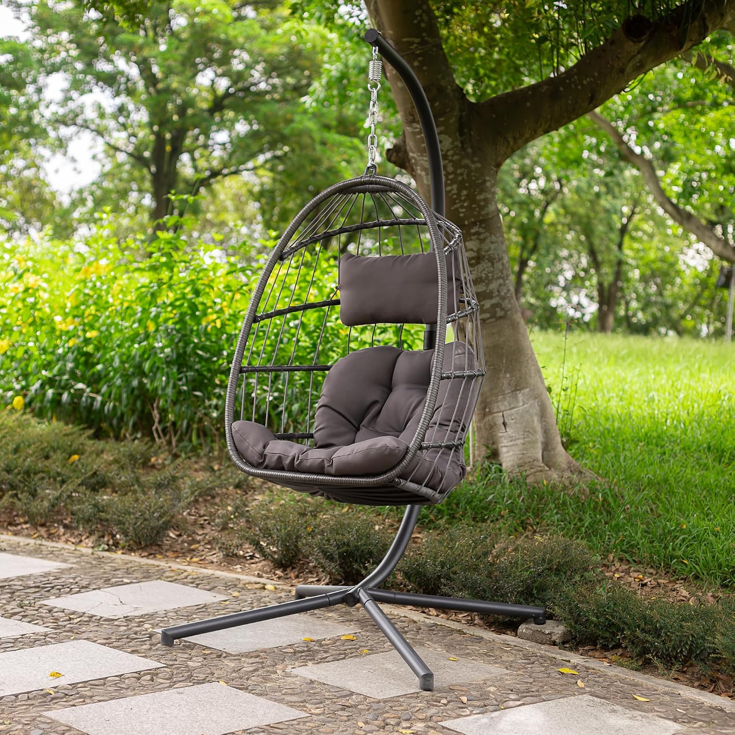 Classic Egg Hammock Chair with Stand, Weather-Resistant PE Rattan & Steel Frame, Indoor/Outdoor Hanging Chair for Patio, Garden, Living Room - Cushioned Seat & Headrest (Grey)