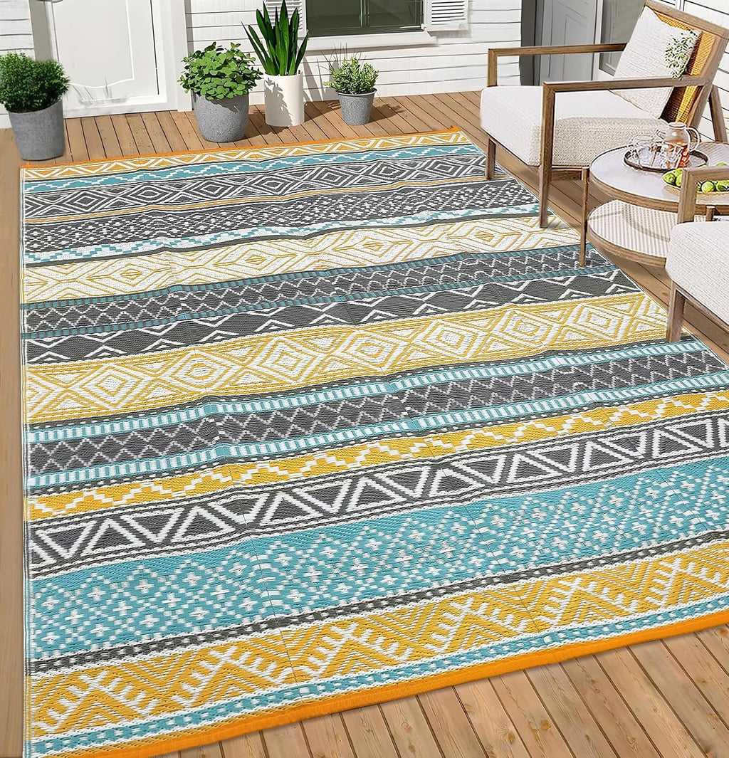 Garvee Outdoor Rug 10 ft x 20 ft Waterproof for Patios Clearance, Reversible Outdoor Plastic Straw Camping Rug Carpet, Large Rugs Mats for RV, Camper, Deck, Balcony, Porch, Beach, Picnic,Yellow & Gray