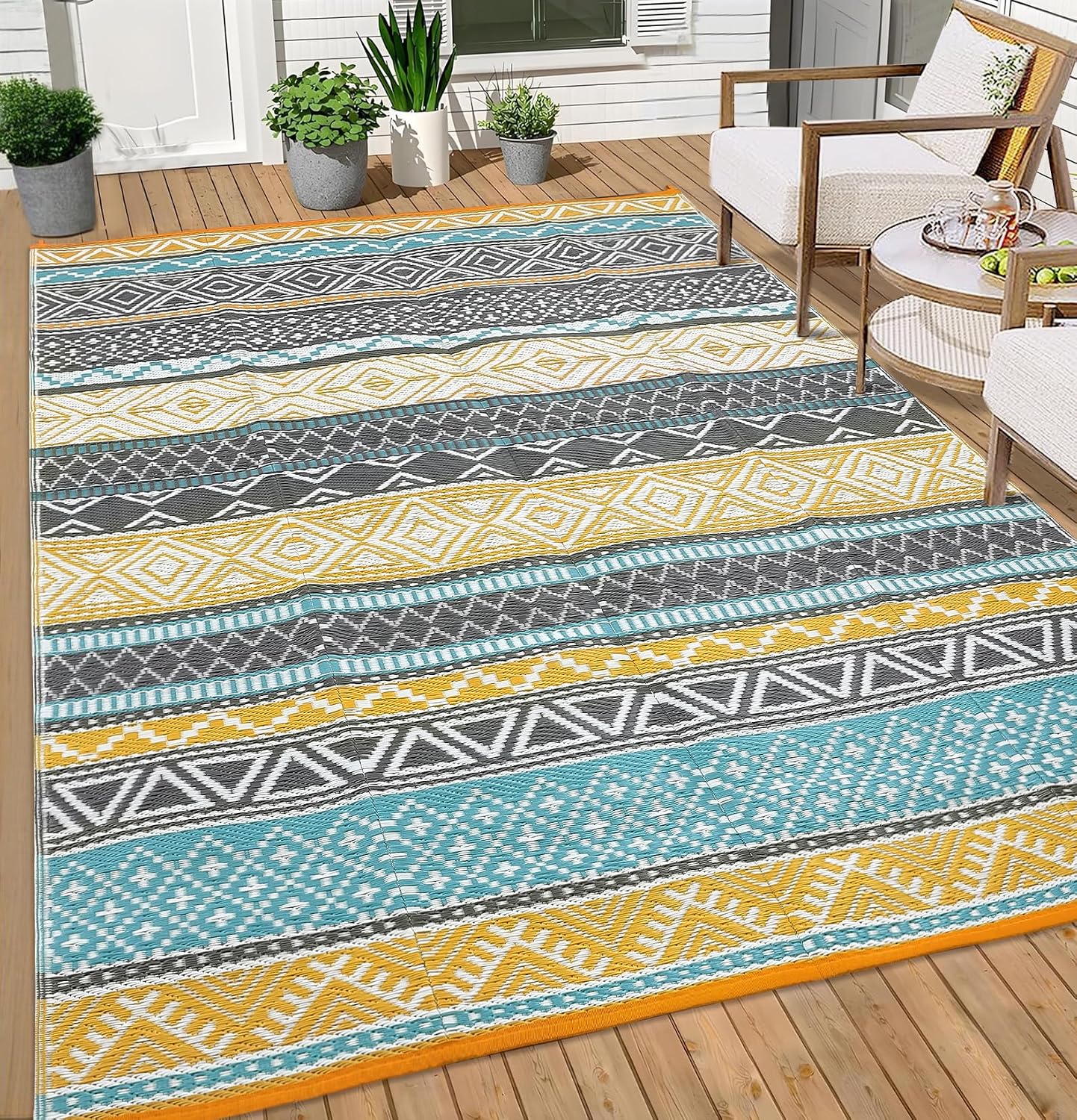 Garvee Outdoor Rug 10 ft x 20 ft Waterproof for Patios Clearance, Reversible Outdoor Plastic Straw Camping Rug Carpet, Large Rugs Mats for RV, Camper, Deck, Balcony, Porch, Beach, Picnic,Yellow & Gray