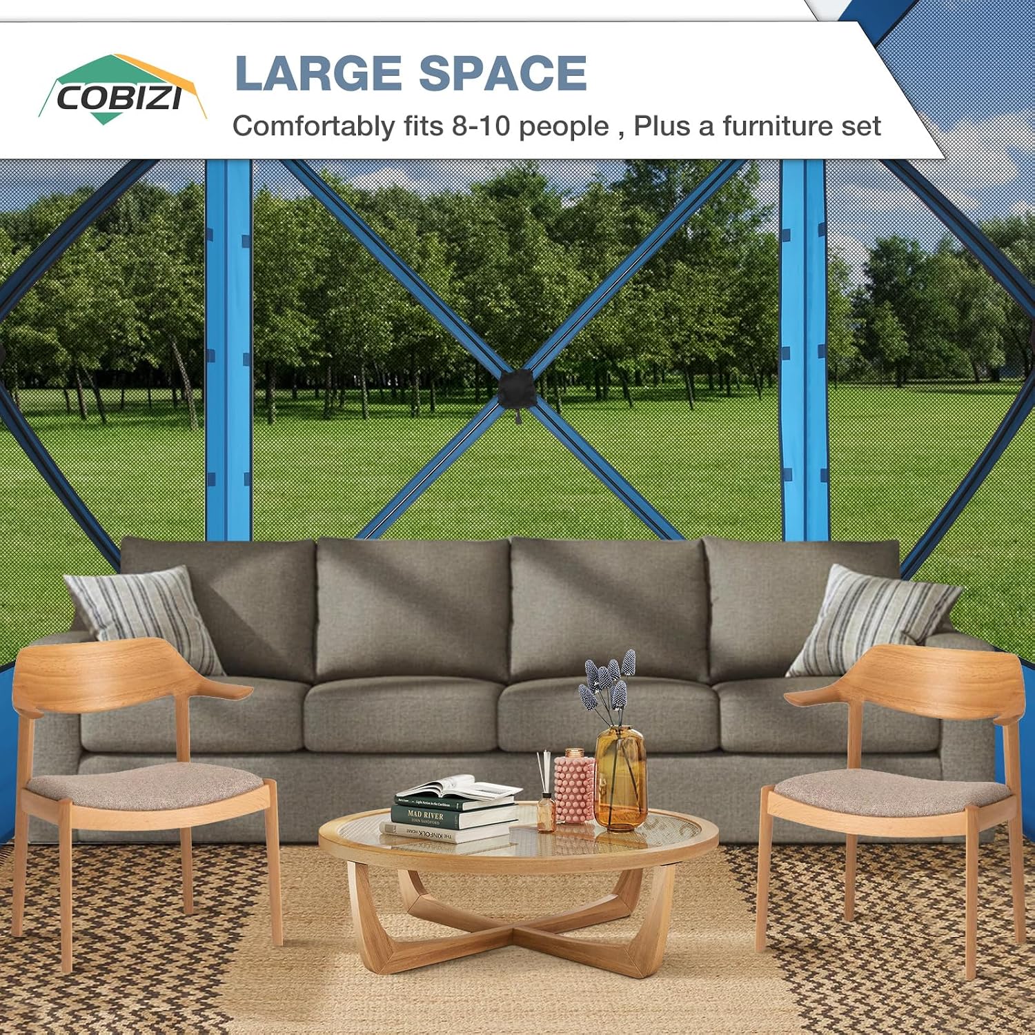 COBIZI Pop Up Gazebo Screen Tent Screen House for Camping, 8FTx8FT Screen Room with Mosquito Netting, Hub Tent Instant Screened Canopy with Carrying Bag and Ground Stakes, Blue