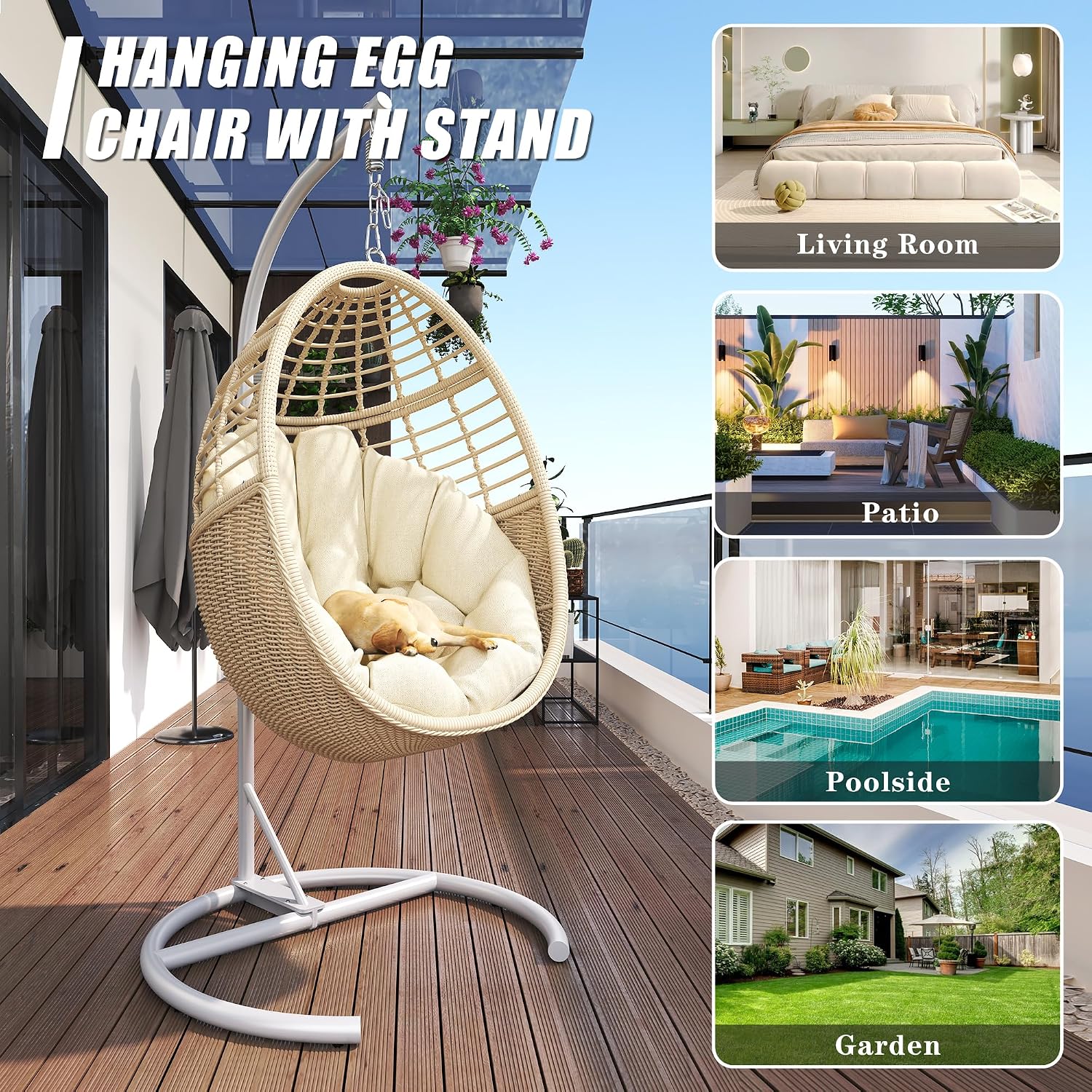 Hanging Egg Chair Swing Chair with Stand Wicker Rattan for Indoor Outdoor Patio Bedroom Hammock with Steel Frame and Cushion, 300 lbs Capacity, Beige
